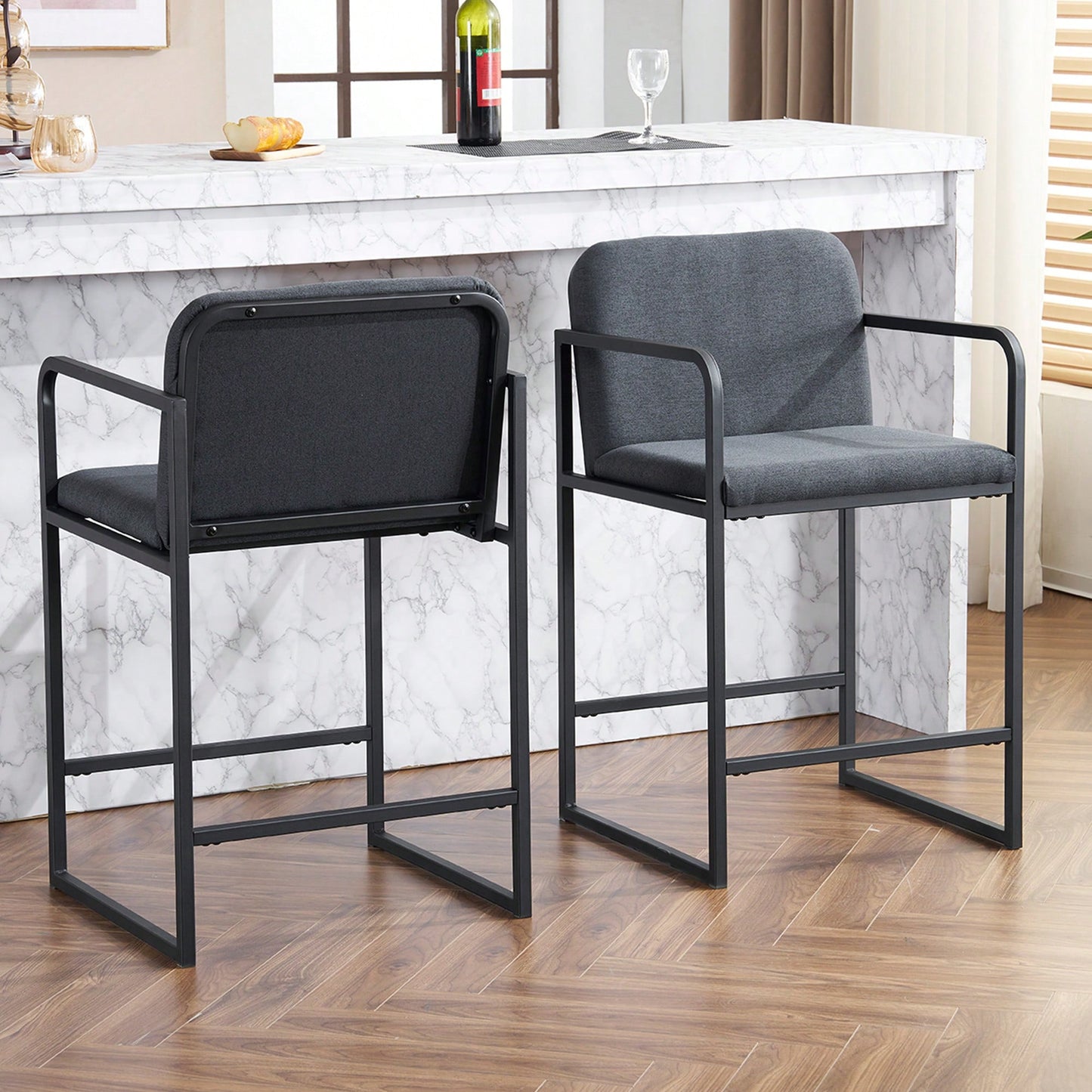 Set Of 2 Modern Upholstered Counter Height Bar Stools With Armrests And Metal Frame For Kitchen Island Home Bar Or Restaurant Beige