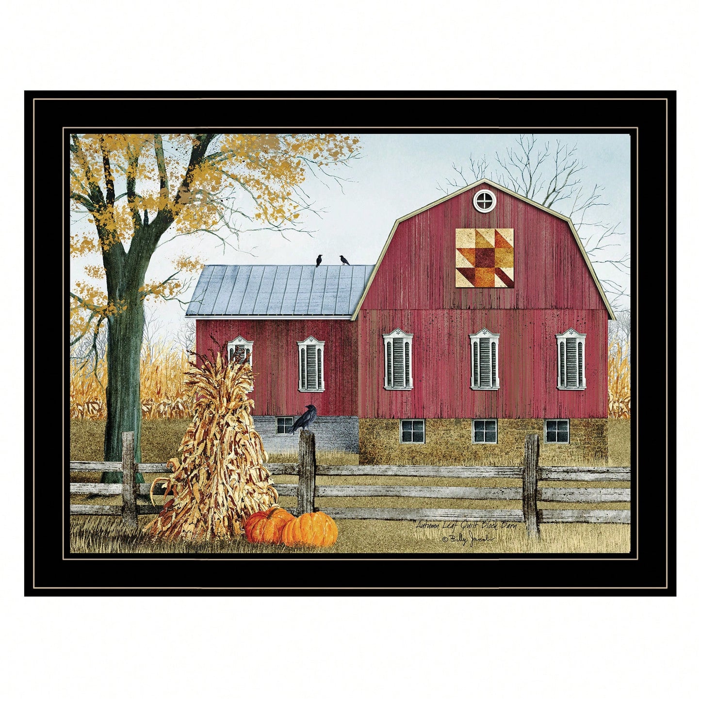 Autumn Leaf Quilt Block Framed Print With Black Frame For Cozy Home Decor
