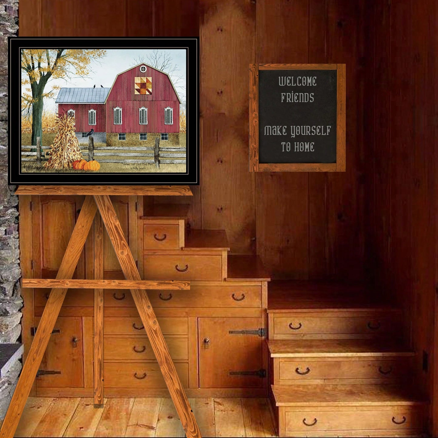 Autumn Leaf Quilt Block Framed Print With Black Frame For Cozy Home Decor