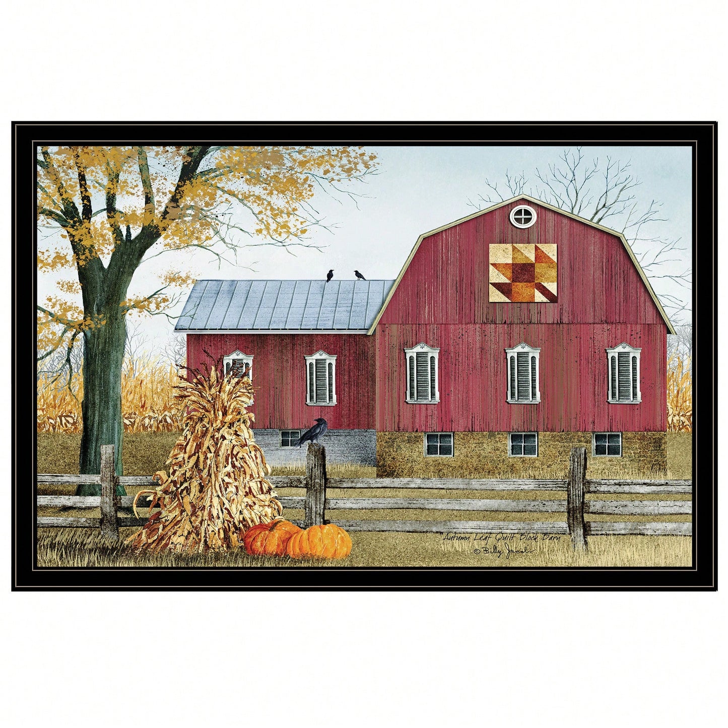 Autumn Leaf Quilt Block Framed Print With Black Frame For Cozy Home Decor