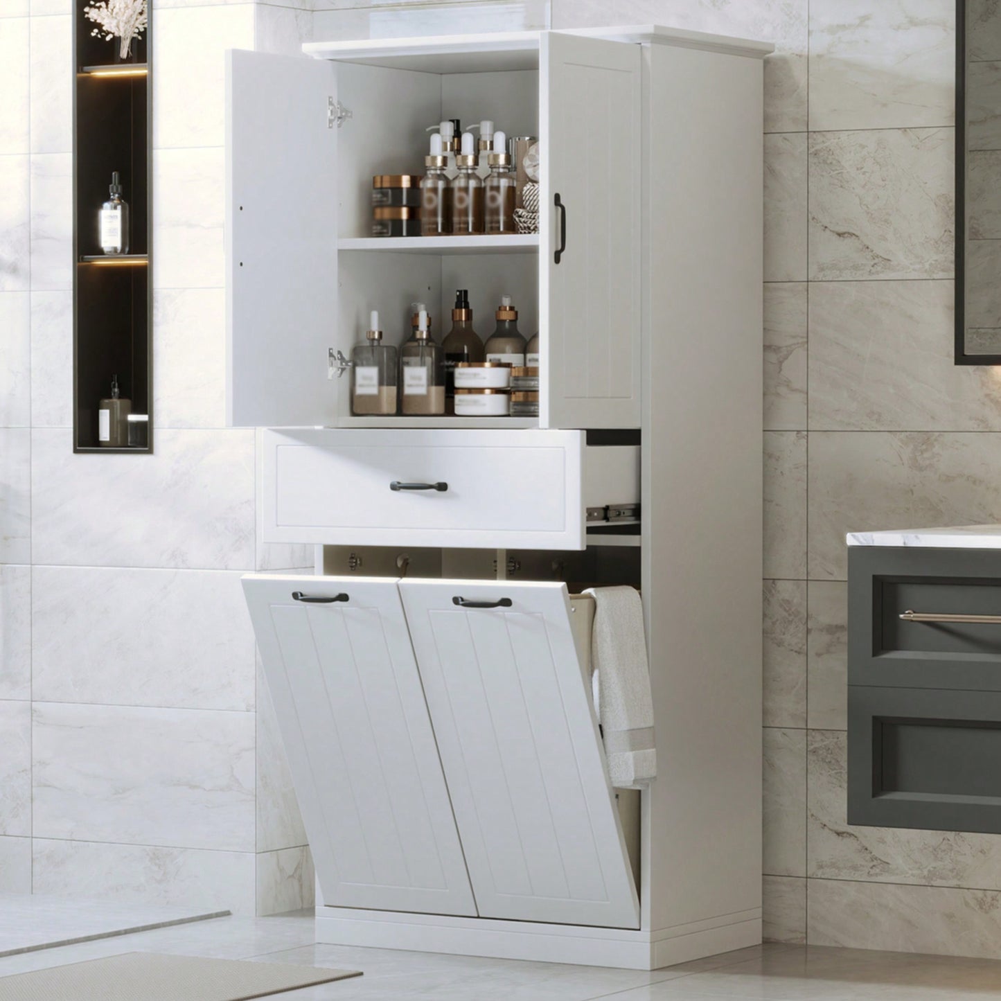 Stylish Bathroom Storage Cabinet With Dual Laundry Baskets And Versatile Doors And Drawer For Organized Home Spaces