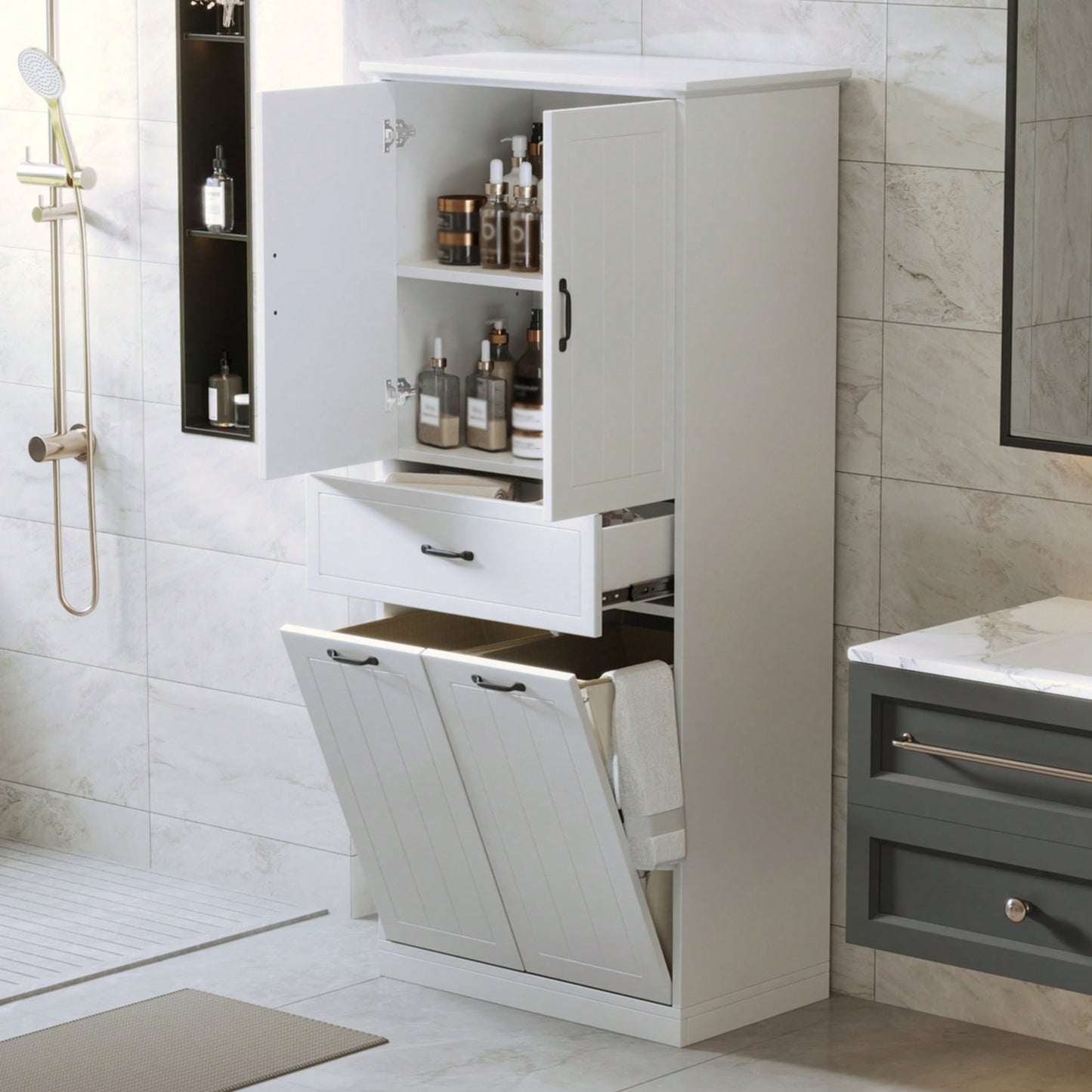 Stylish Bathroom Storage Cabinet With Dual Laundry Baskets And Versatile Doors And Drawer For Organized Home Spaces
