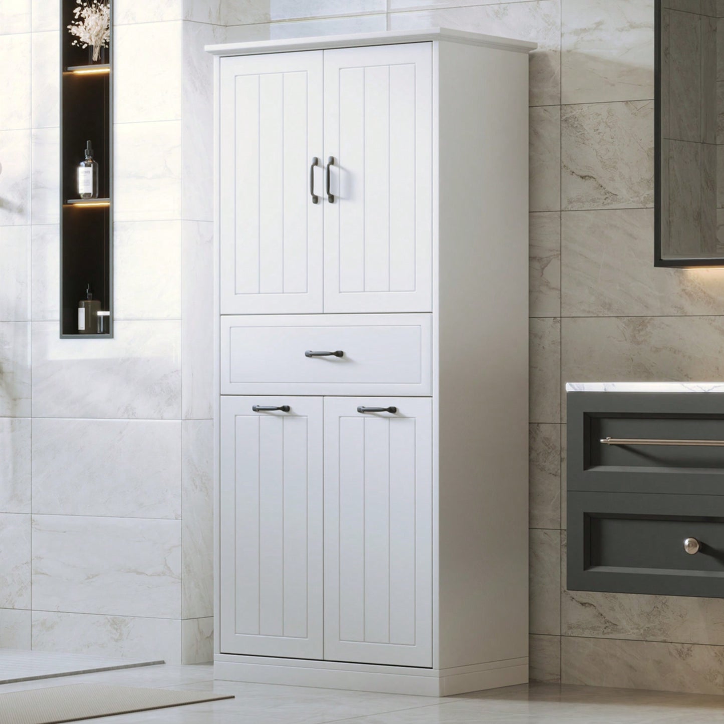 Stylish Bathroom Storage Cabinet With Dual Laundry Baskets And Versatile Doors And Drawer For Organized Home Spaces
