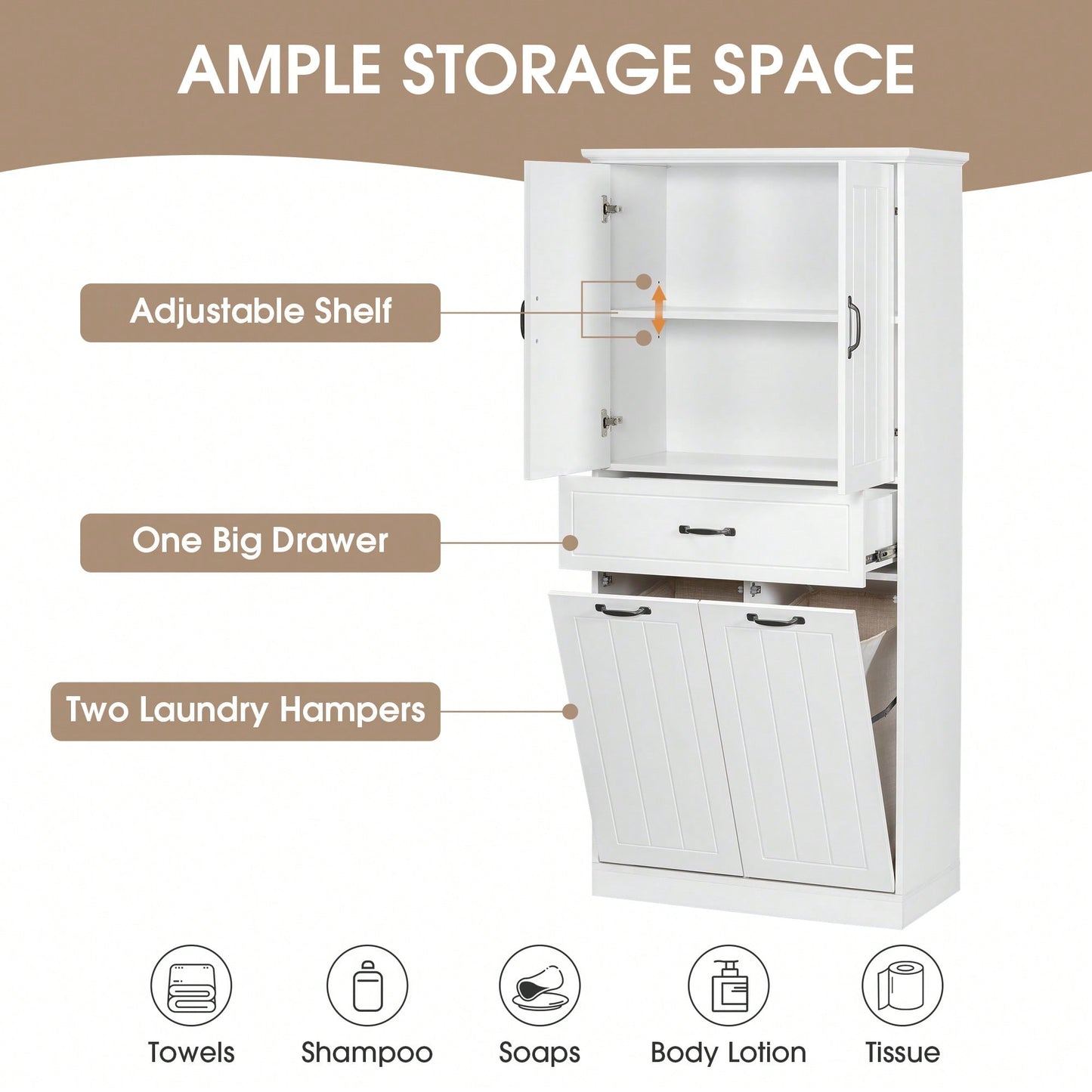 Stylish Bathroom Storage Cabinet With Dual Laundry Baskets And Versatile Doors And Drawer For Organized Home Spaces