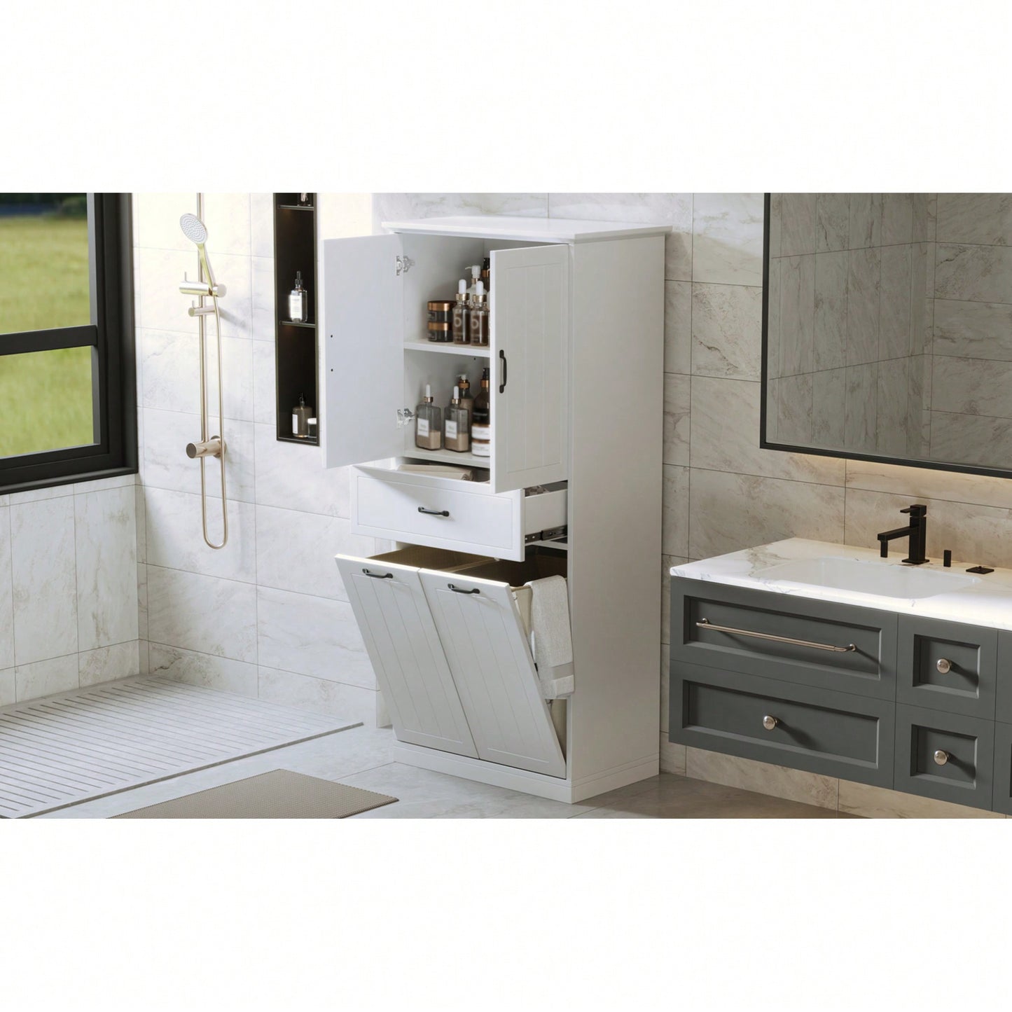 Stylish Bathroom Storage Cabinet With Dual Laundry Baskets And Versatile Doors And Drawer For Organized Home Spaces