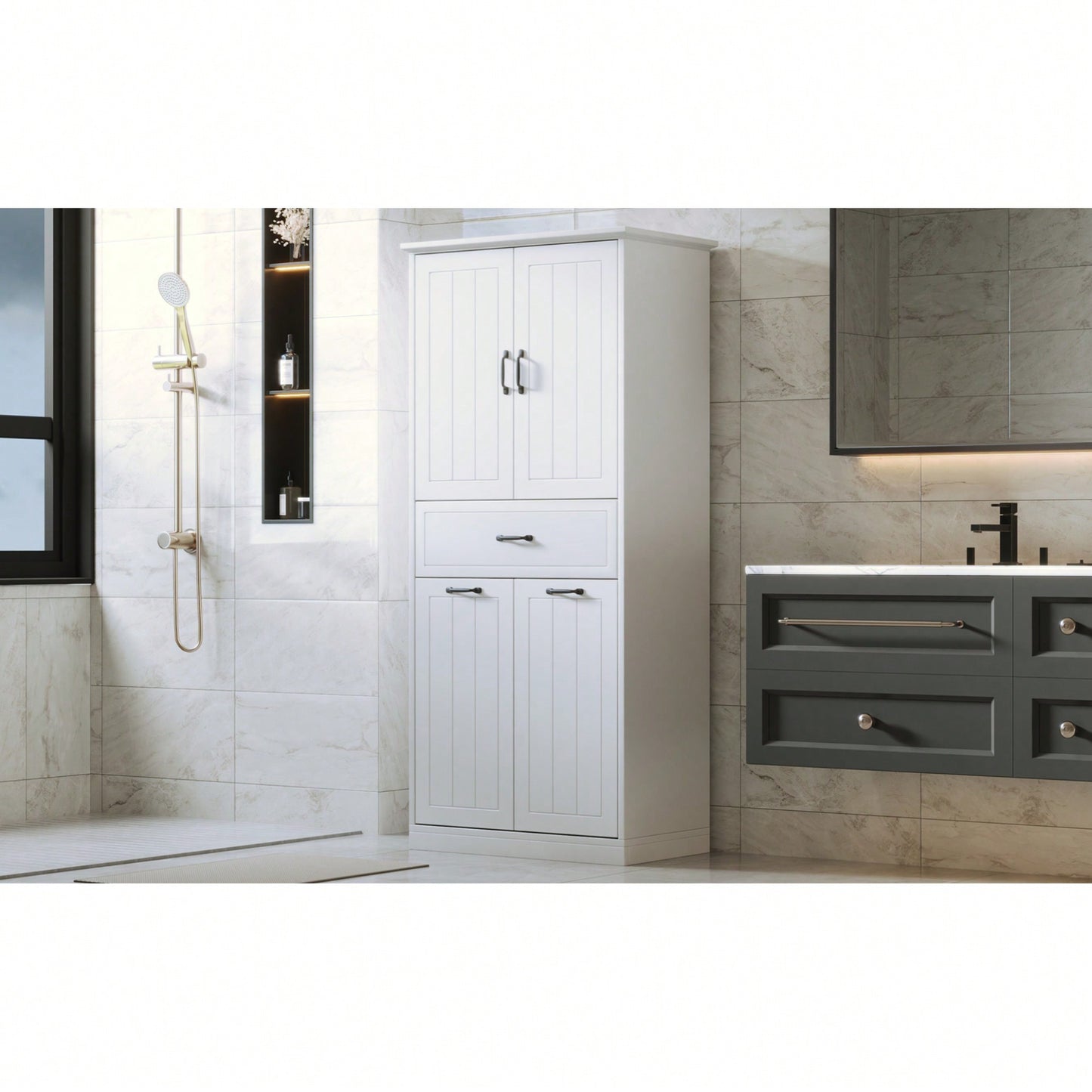 Stylish Bathroom Storage Cabinet With Dual Laundry Baskets And Versatile Doors And Drawer For Organized Home Spaces