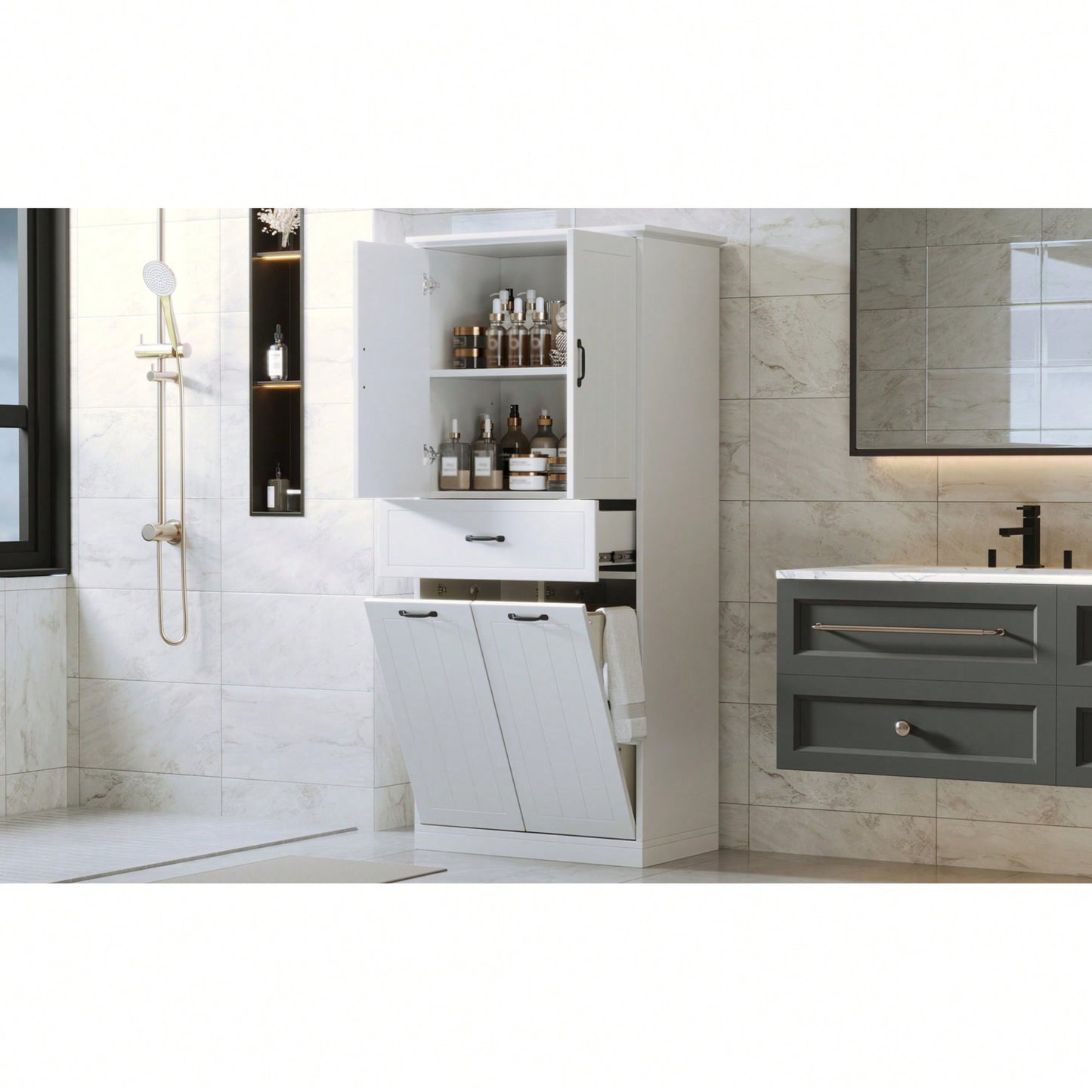 Stylish Bathroom Storage Cabinet With Dual Laundry Baskets And Versatile Doors And Drawer For Organized Home Spaces