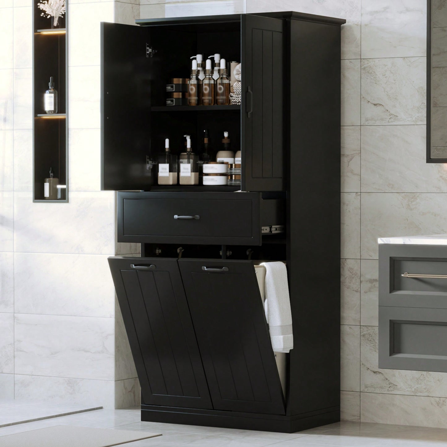 Stylish Bathroom Storage Cabinet With Dual Laundry Baskets And Versatile Doors And Drawer For Organized Home Spaces