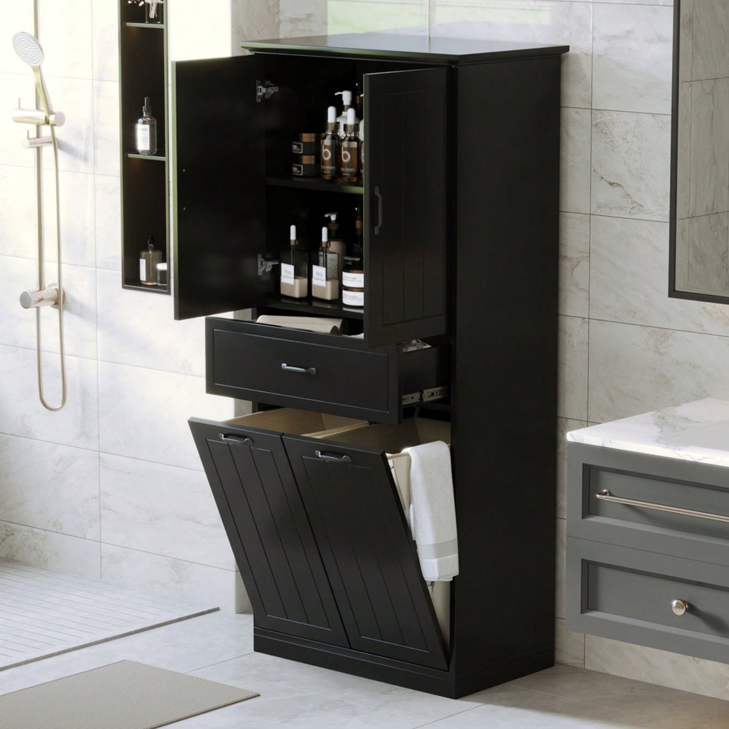 Stylish Bathroom Storage Cabinet With Dual Laundry Baskets And Versatile Doors And Drawer For Organized Home Spaces