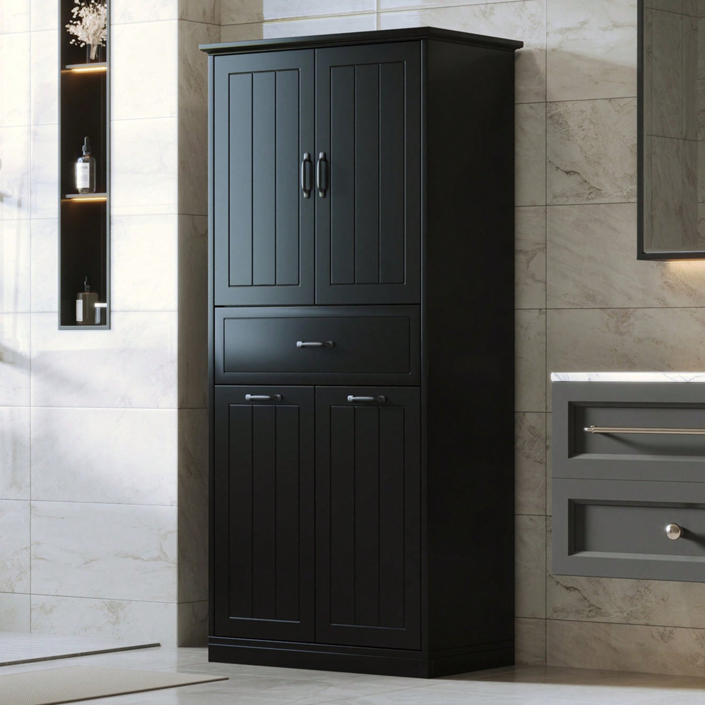 Stylish Bathroom Storage Cabinet With Dual Laundry Baskets And Versatile Doors And Drawer For Organized Home Spaces