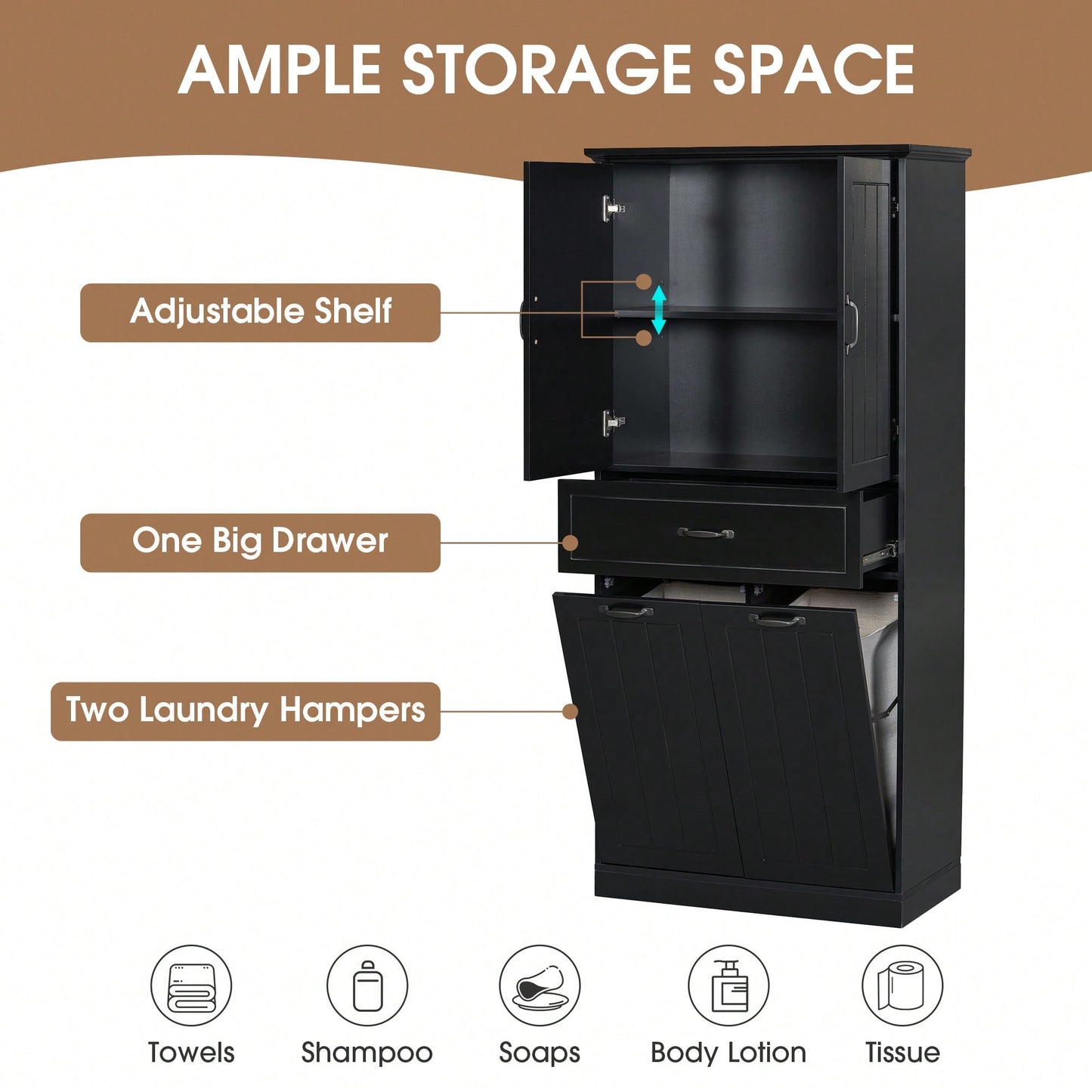 Stylish Bathroom Storage Cabinet With Dual Laundry Baskets And Versatile Doors And Drawer For Organized Home Spaces