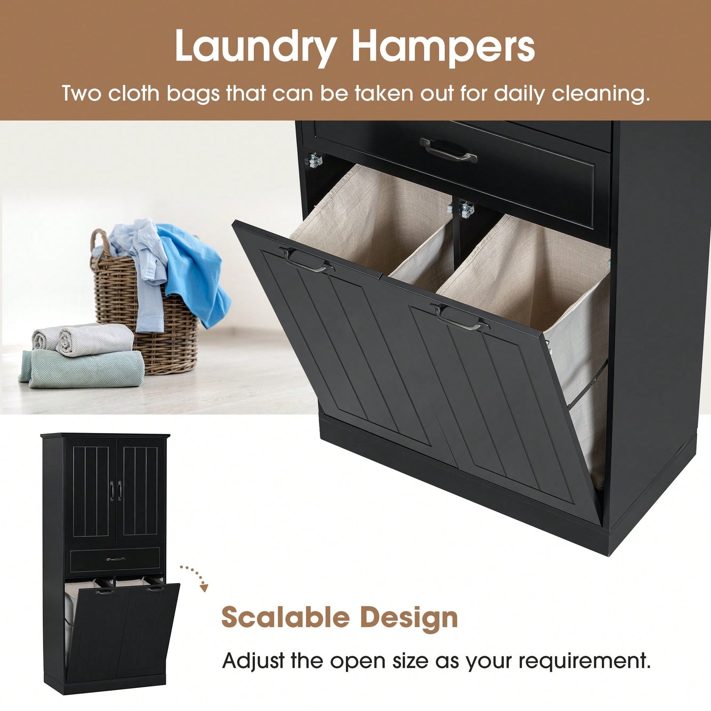 Stylish Bathroom Storage Cabinet With Dual Laundry Baskets And Versatile Doors And Drawer For Organized Home Spaces