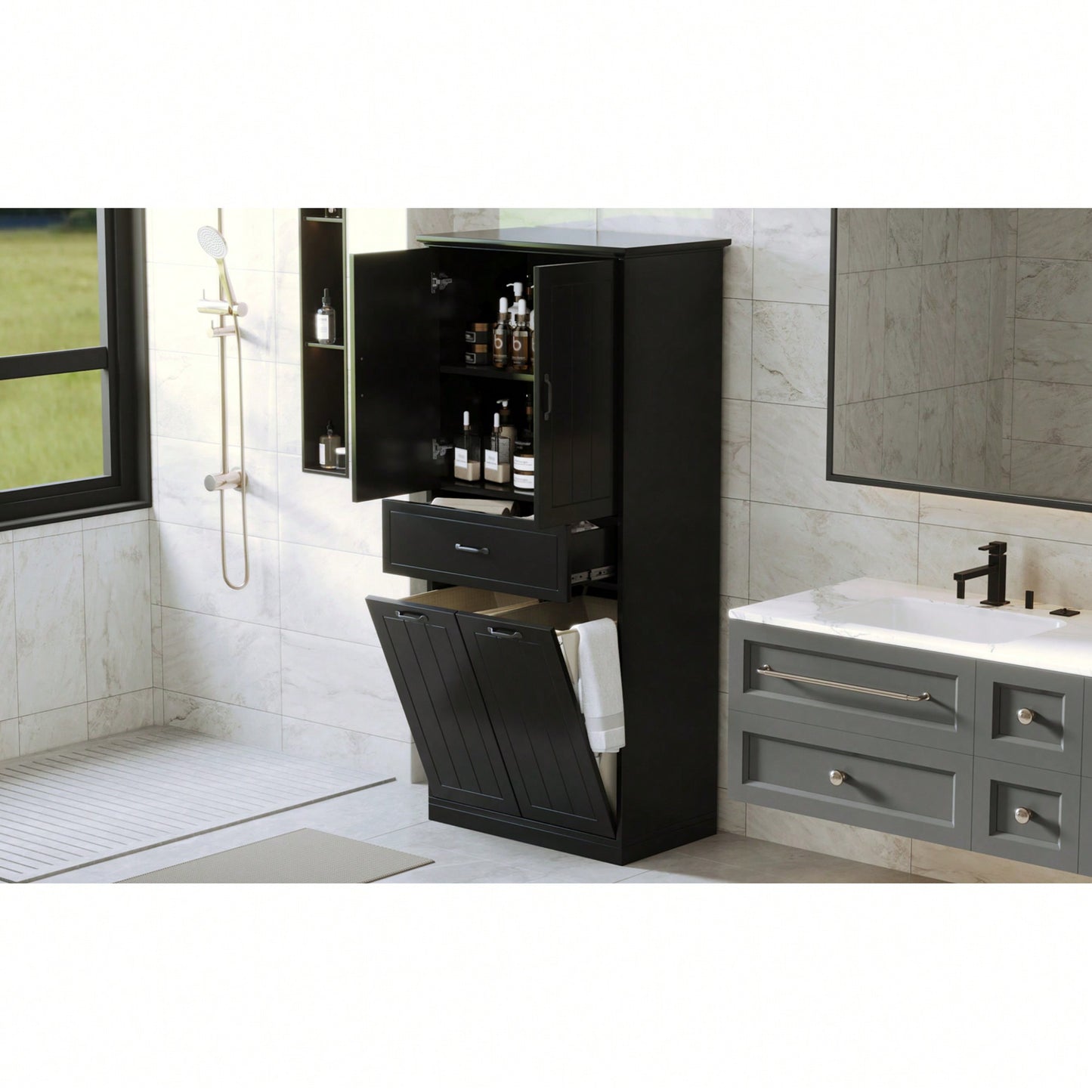 Stylish Bathroom Storage Cabinet With Dual Laundry Baskets And Versatile Doors And Drawer For Organized Home Spaces
