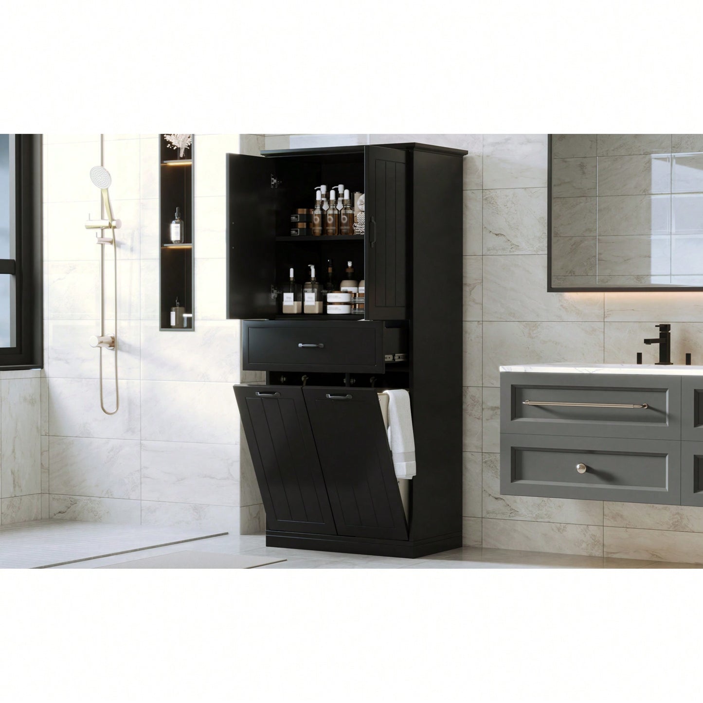 Stylish Bathroom Storage Cabinet With Dual Laundry Baskets And Versatile Doors And Drawer For Organized Home Spaces