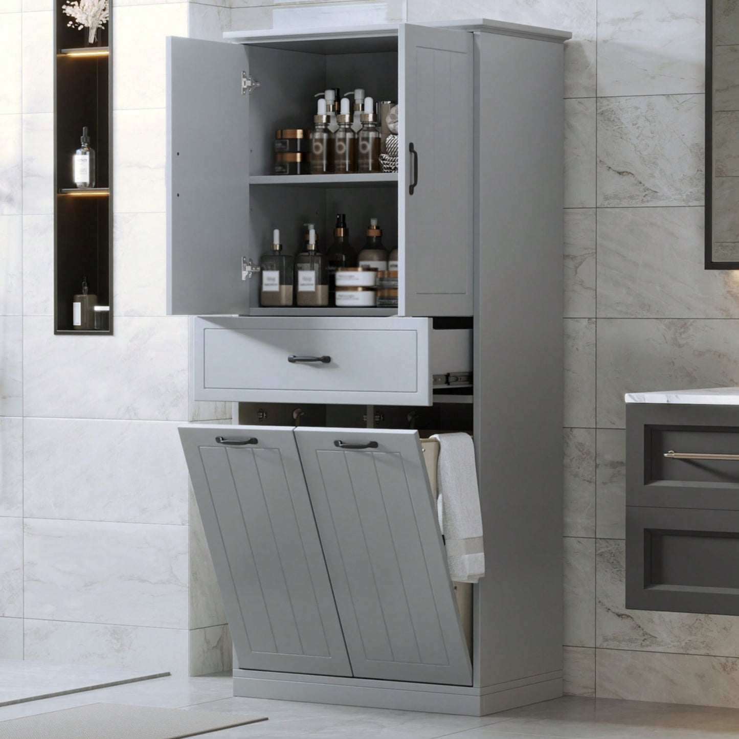 Stylish Bathroom Storage Cabinet With Dual Laundry Baskets And Versatile Doors And Drawer For Organized Home Spaces