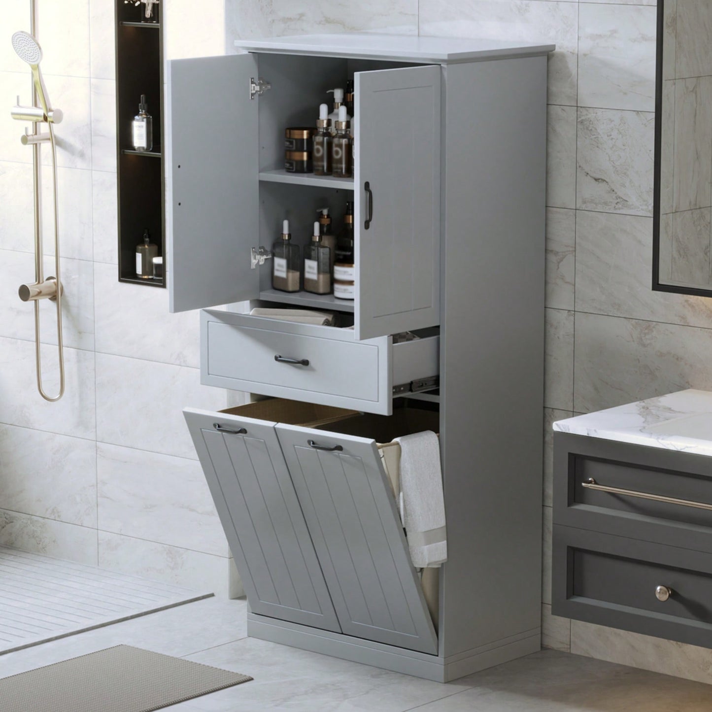 Stylish Bathroom Storage Cabinet With Dual Laundry Baskets And Versatile Doors And Drawer For Organized Home Spaces
