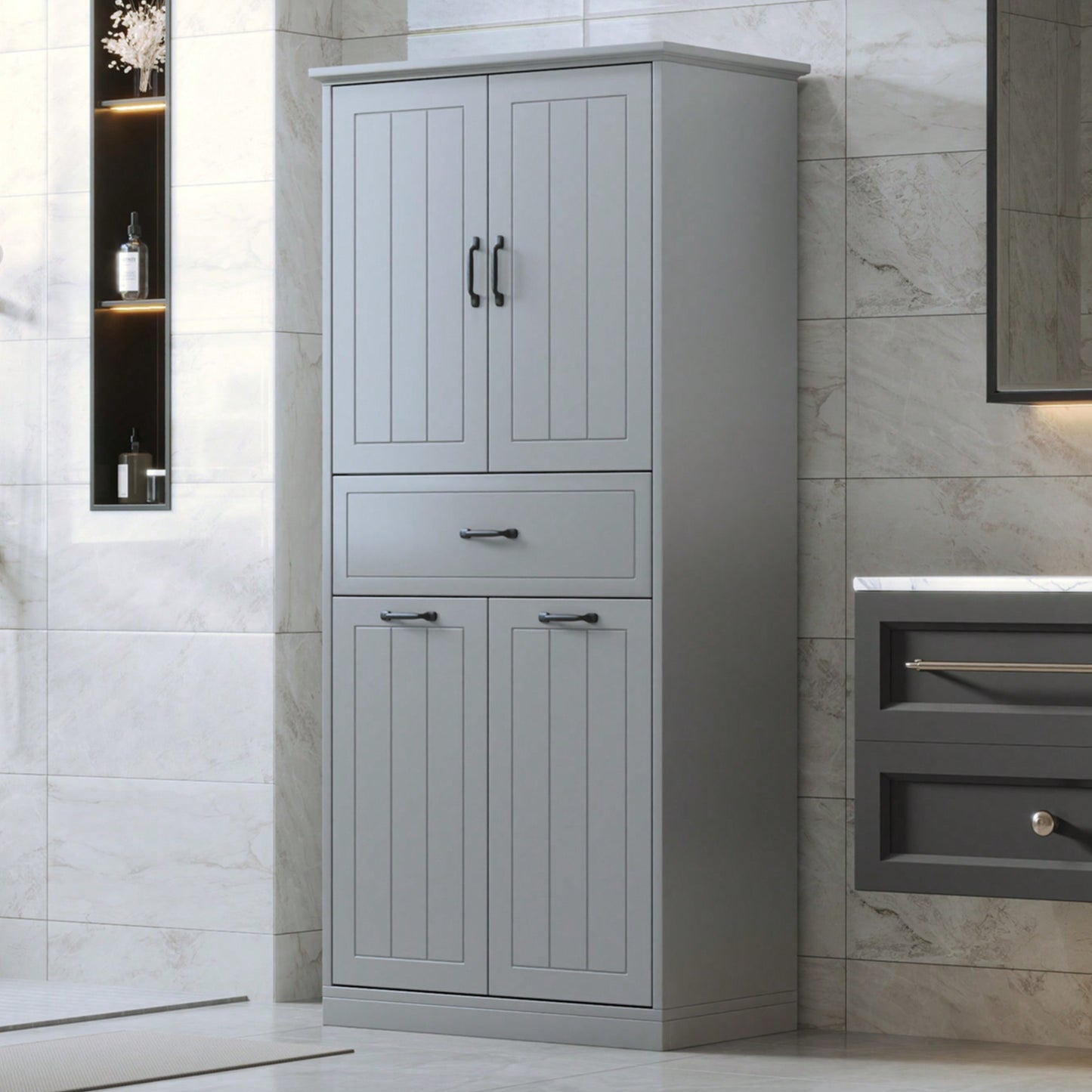 Stylish Bathroom Storage Cabinet With Dual Laundry Baskets And Versatile Doors And Drawer For Organized Home Spaces