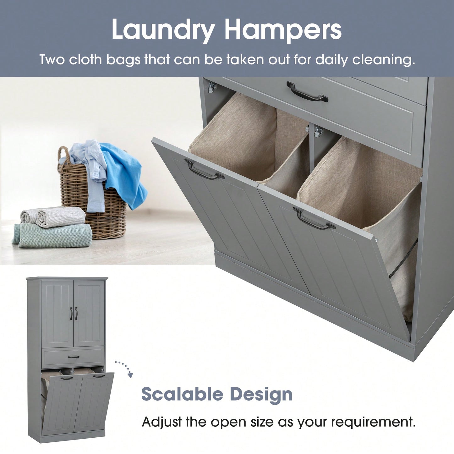 Stylish Bathroom Storage Cabinet With Dual Laundry Baskets And Versatile Doors And Drawer For Organized Home Spaces