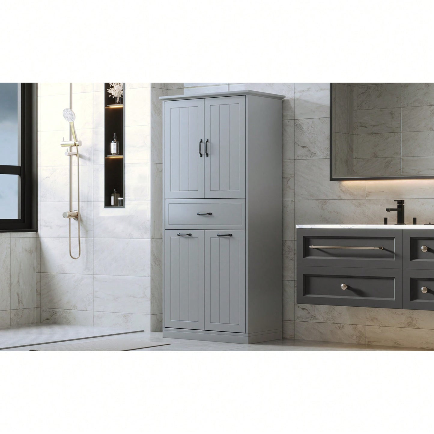 Stylish Bathroom Storage Cabinet With Dual Laundry Baskets And Versatile Doors And Drawer For Organized Home Spaces