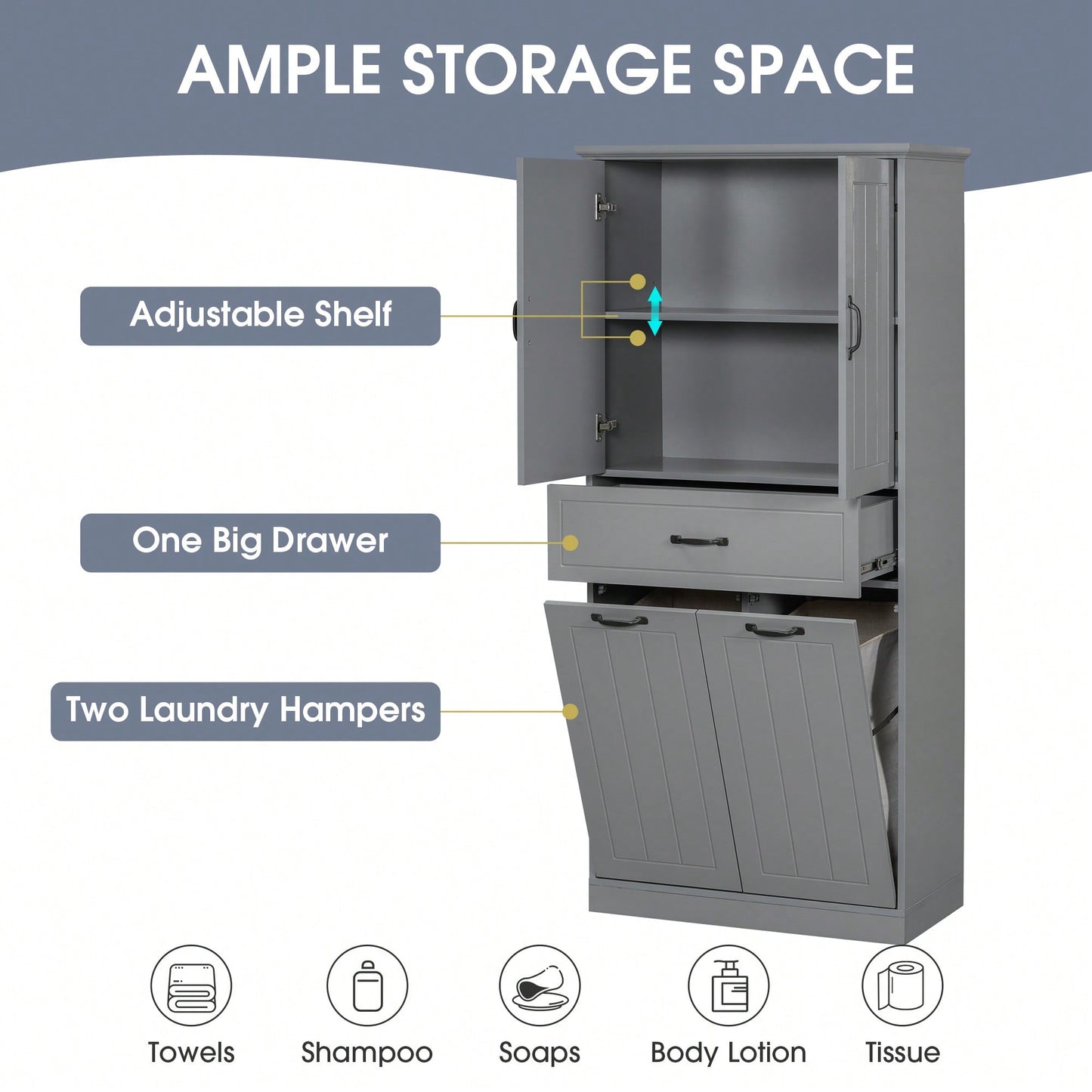 Stylish Bathroom Storage Cabinet With Dual Laundry Baskets And Versatile Doors And Drawer For Organized Home Spaces