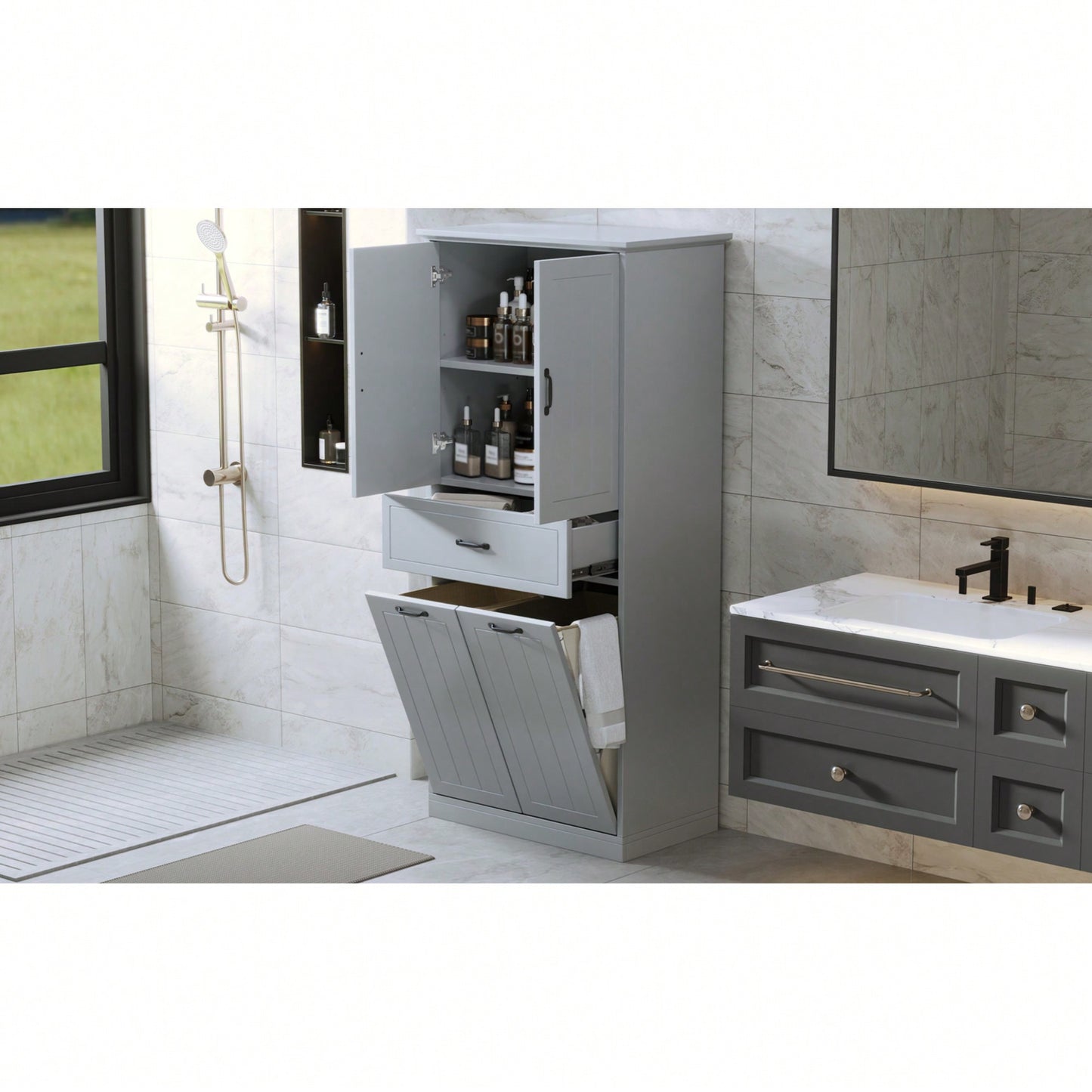 Stylish Bathroom Storage Cabinet With Dual Laundry Baskets And Versatile Doors And Drawer For Organized Home Spaces
