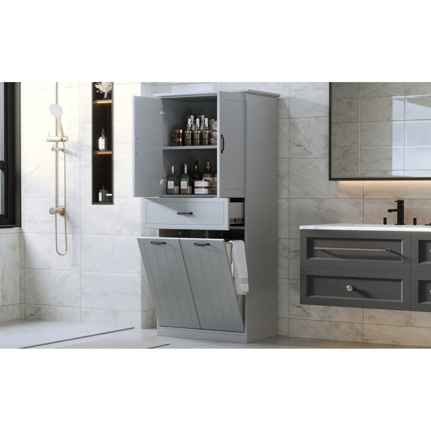 Stylish Bathroom Storage Cabinet With Dual Laundry Baskets And Versatile Doors And Drawer For Organized Home Spaces