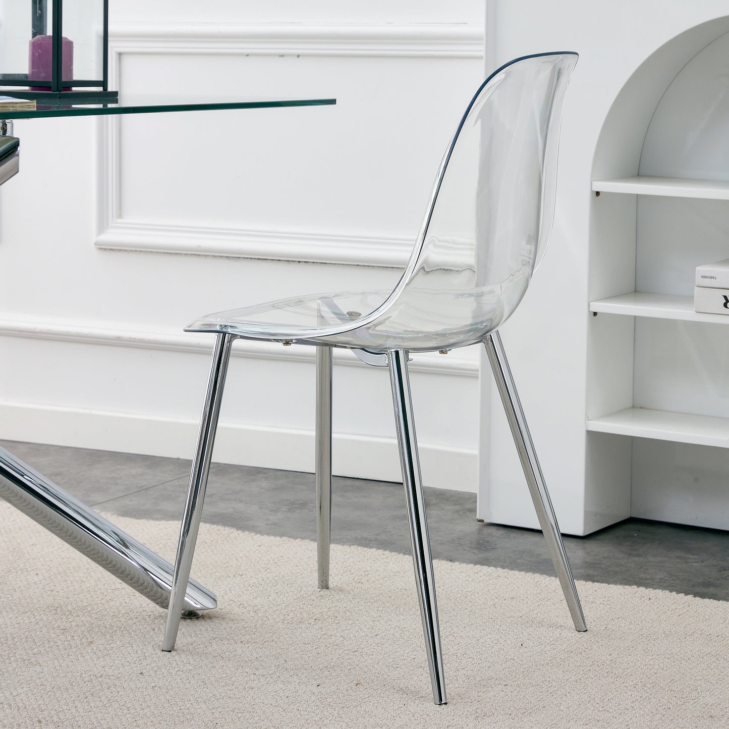 Modern Minimalist Transparent Dining Chair Set 6pcs Armless Nordic Makeup Stool with Silver Plated Metal Legs