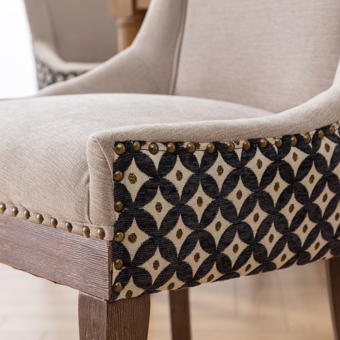 Ultra Side Dining Chairs Set of 2 Beige Thick Fabric with Solid Wood Legs and Bronze Nail Head