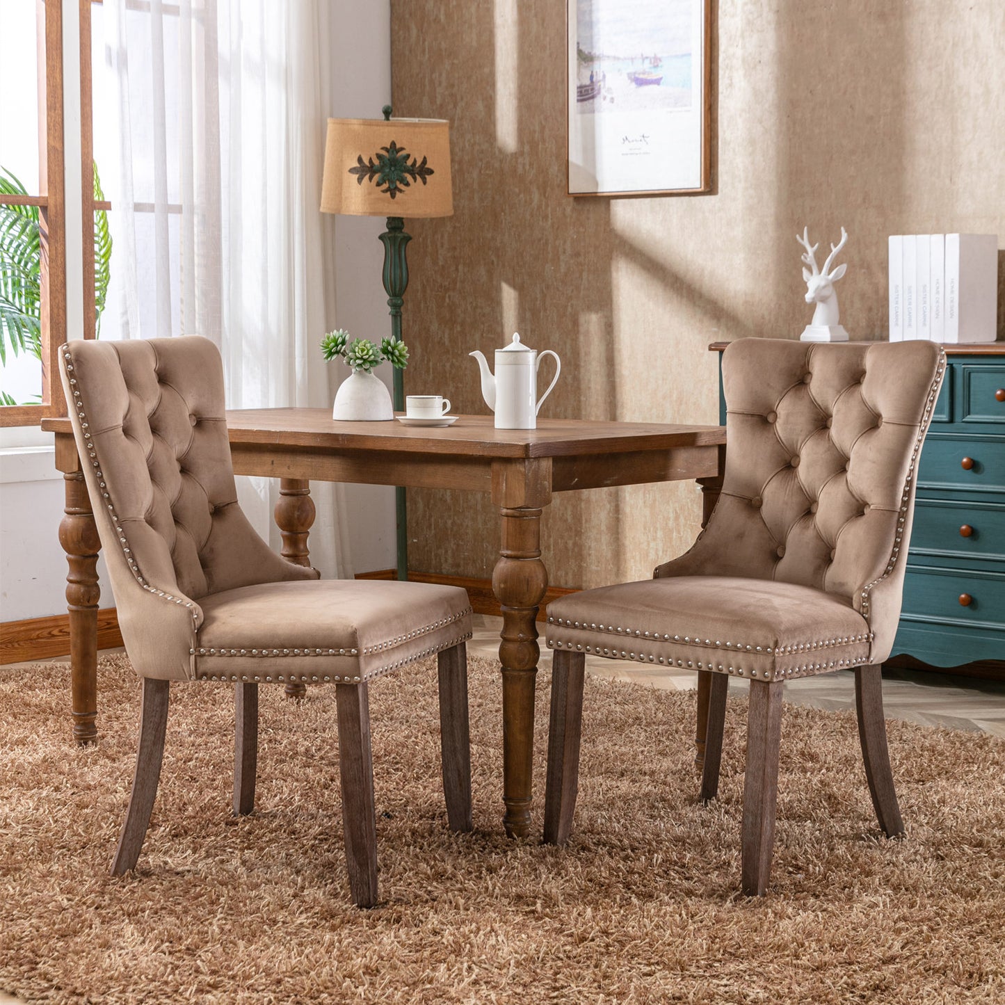 Modern Velvet Upholstered Dining Chair Set with Tufted Design and Nailhead Trim Solid Wood Legs Khaki 2-Pcs