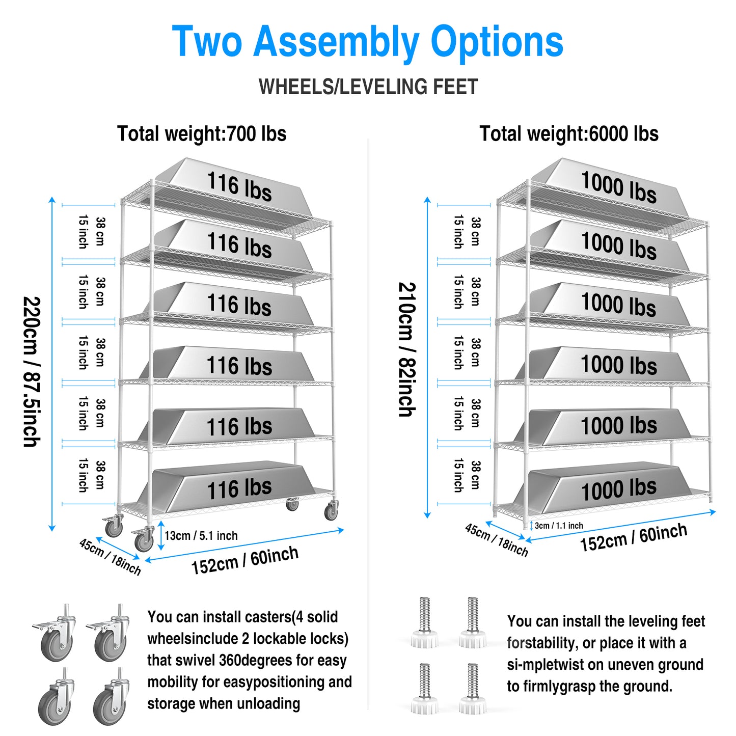 6 Tier Wire Shelving Unit Heavy Duty Adjustable Metal Garage Storage Shelves with Wheels 6000 LBS Capacity White