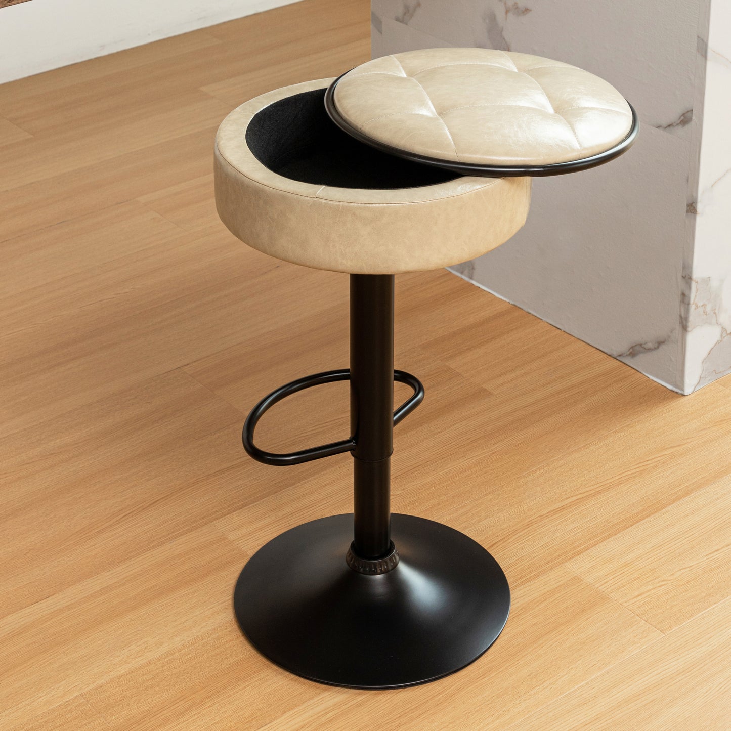 Khaki Faux Leather Adjustable Bar Stool Set of 2 360° Swivel Armless Counter Chairs with Metal Frame for Kitchen Dining Living Room