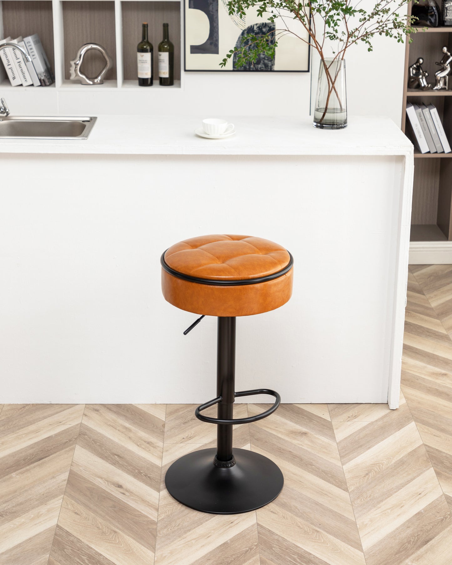 Adjustable Brown Faux Leather Bar Stool Set of 2 360° Swivel Armless Counter Height Chairs for Kitchen Dining Living Room