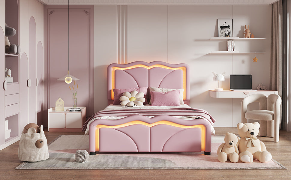 Twin Size Upholstered Platform Bed with Curve Shaped and Height-adjustbale Headboard,LED Light Strips,Pink