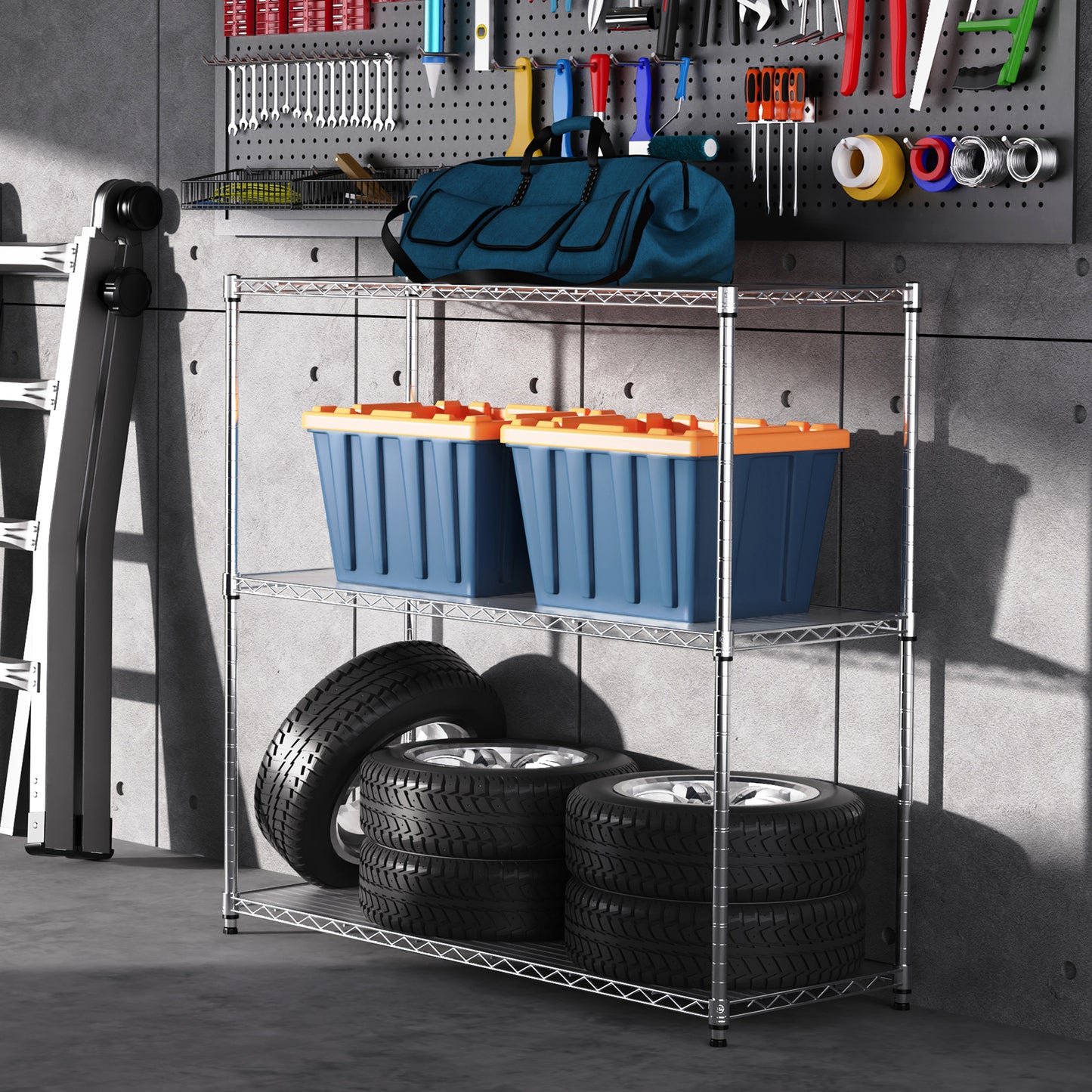 3 Tier Wire Shelving Unit Heavy Duty Adjustable Metal Garage Storage Shelves 1050 LBS Capacity Chrome Finish