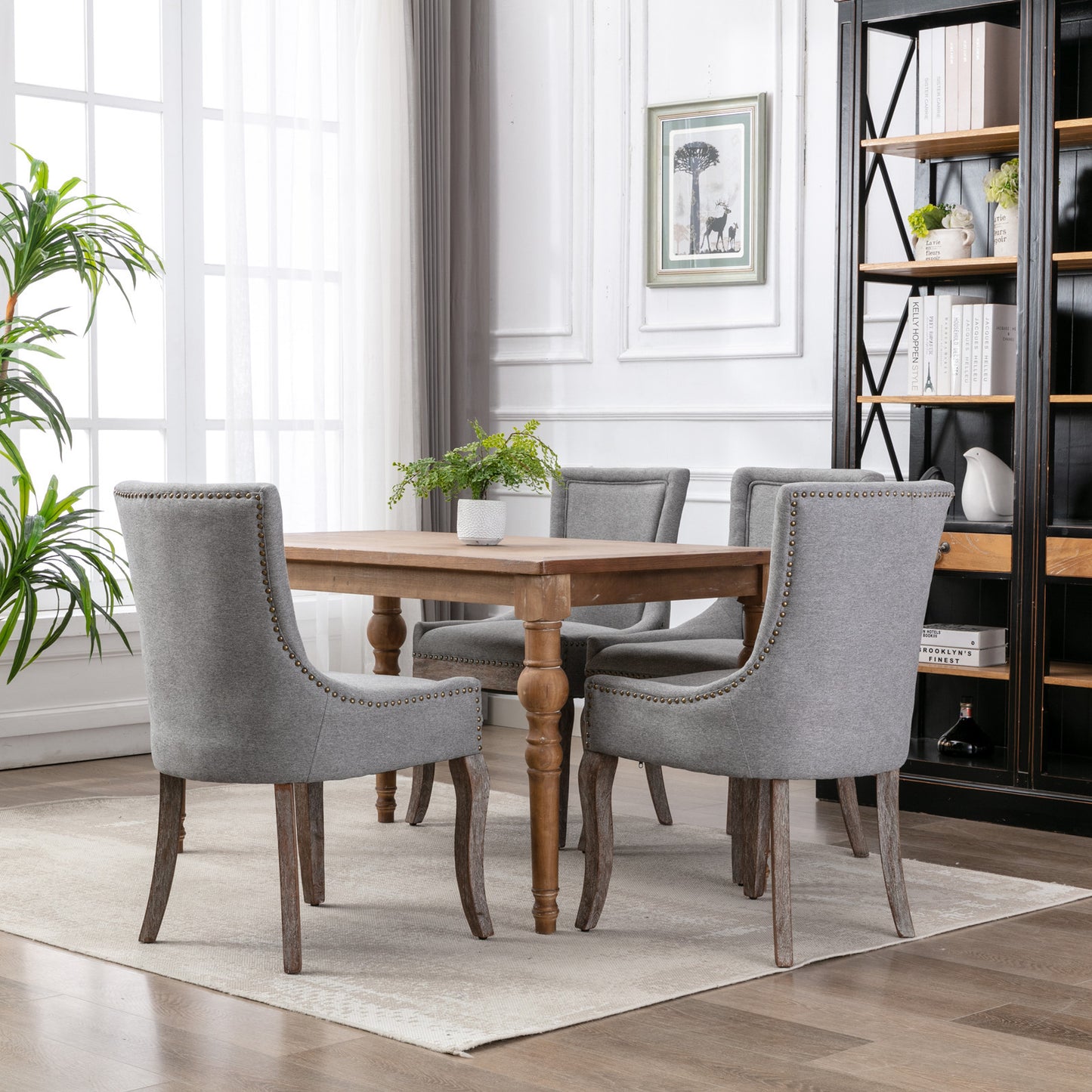 Ultra Side Dining Chair,Thickened fabric chairs with neutrally toned solid wood legs, Bronze nail head,Set of 2,Gray