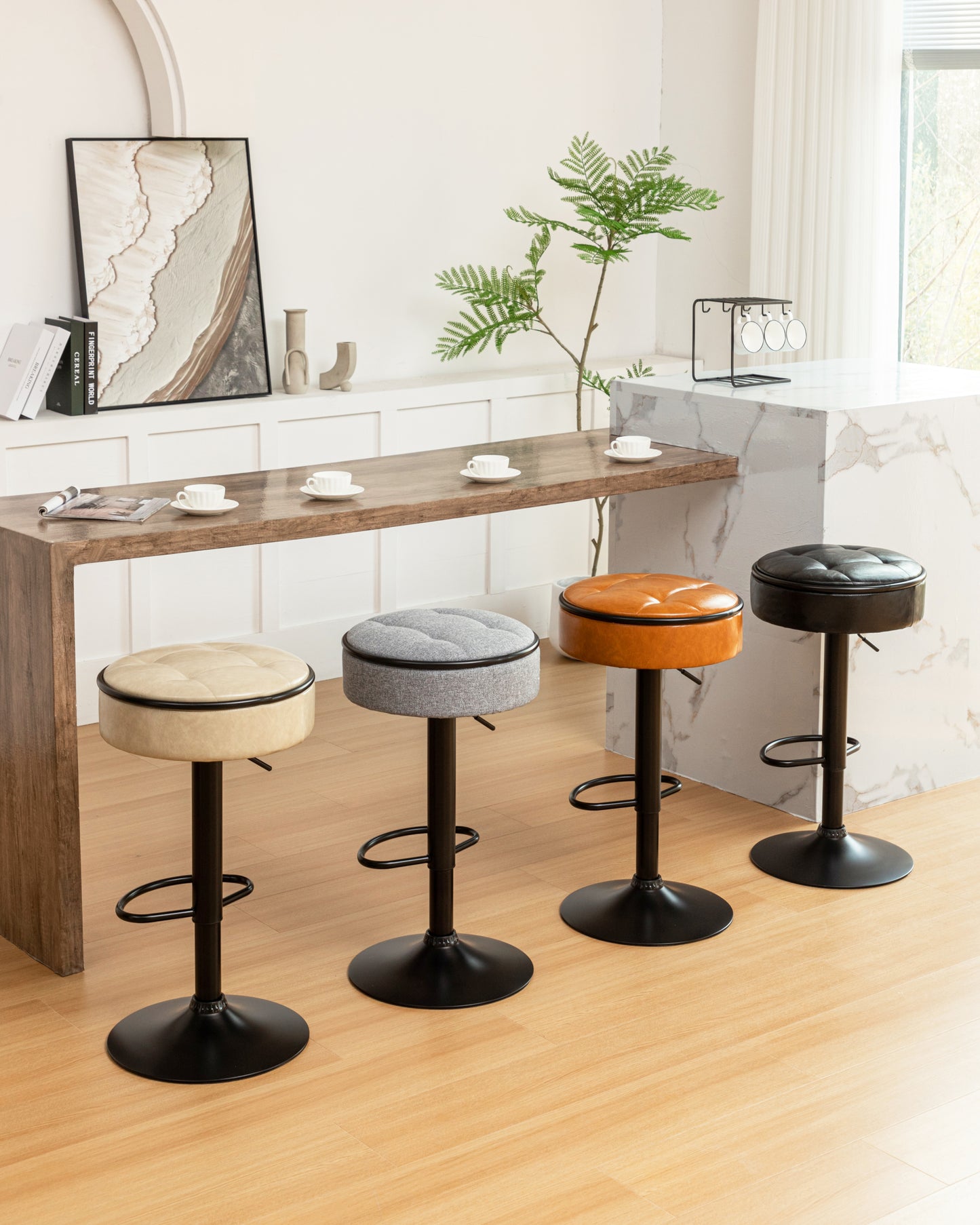 Khaki Faux Leather Adjustable Bar Stool Set of 2 360° Swivel Armless Counter Chairs with Metal Frame for Kitchen Dining Living Room