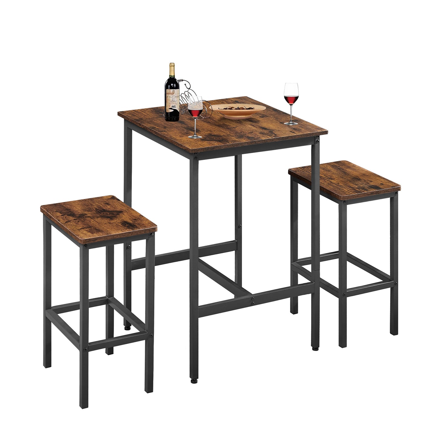 Industrial Square Bar Table Set with 2 Rustic Brown Chairs for Kitchen Living Room Space Saving 23.6x23.6x35.4 Inches