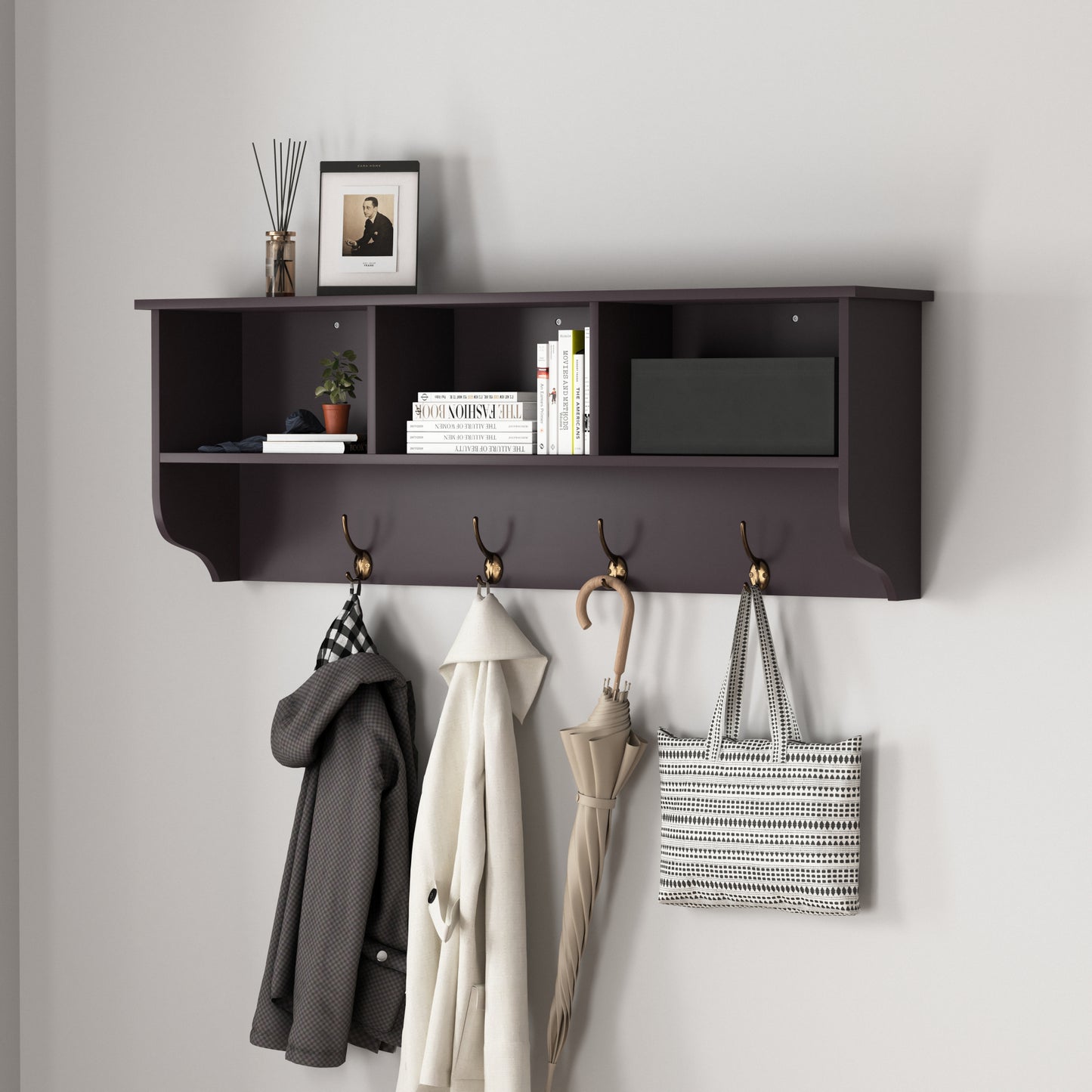 Espresso Wall Mounted Coat Rack with 4 Dual Hooks & Wooden Storage Shelf for Entryway & Living Room