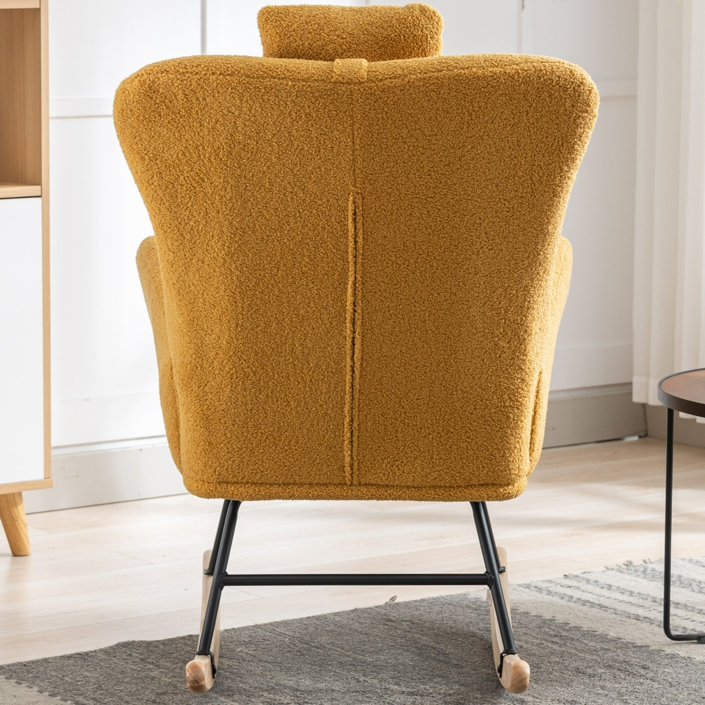 35.5 inch Rocking Chair with Pocket, Soft Teddy Fabric Rocking Chair for Nursery, Comfy Wingback Glider Rocker with Safe Solid Wood Base for Living Room Bedroom Balcony (TURMERIC)