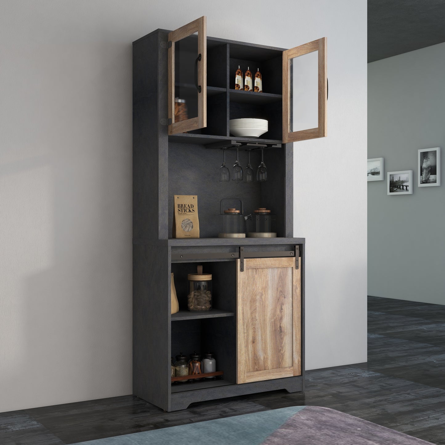 31 Inch Farmhouse Barn Door Bar Cabinet for Living Room Dining Room Storage Rustic Home Furniture
