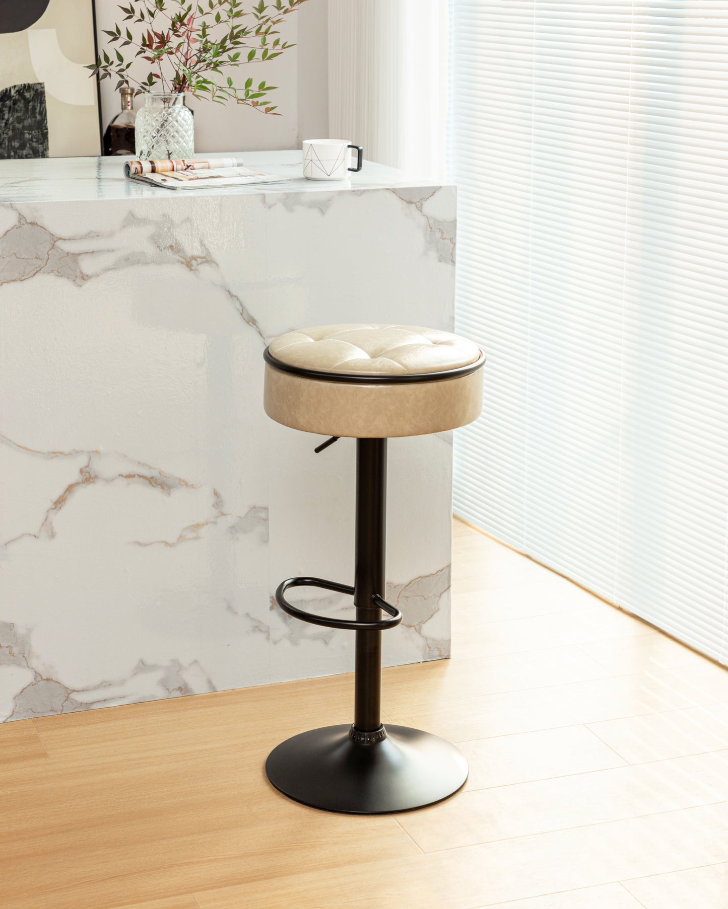 Khaki Faux Leather Adjustable Bar Stool Set of 2 360° Swivel Armless Counter Chairs with Metal Frame for Kitchen Dining Living Room