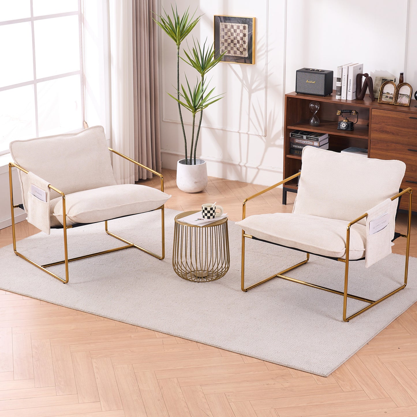 Beige Upholstered Hanging Armchair with Arm Pockets Metal Frame Gold-Plated Cushions for Living Room Bedroom