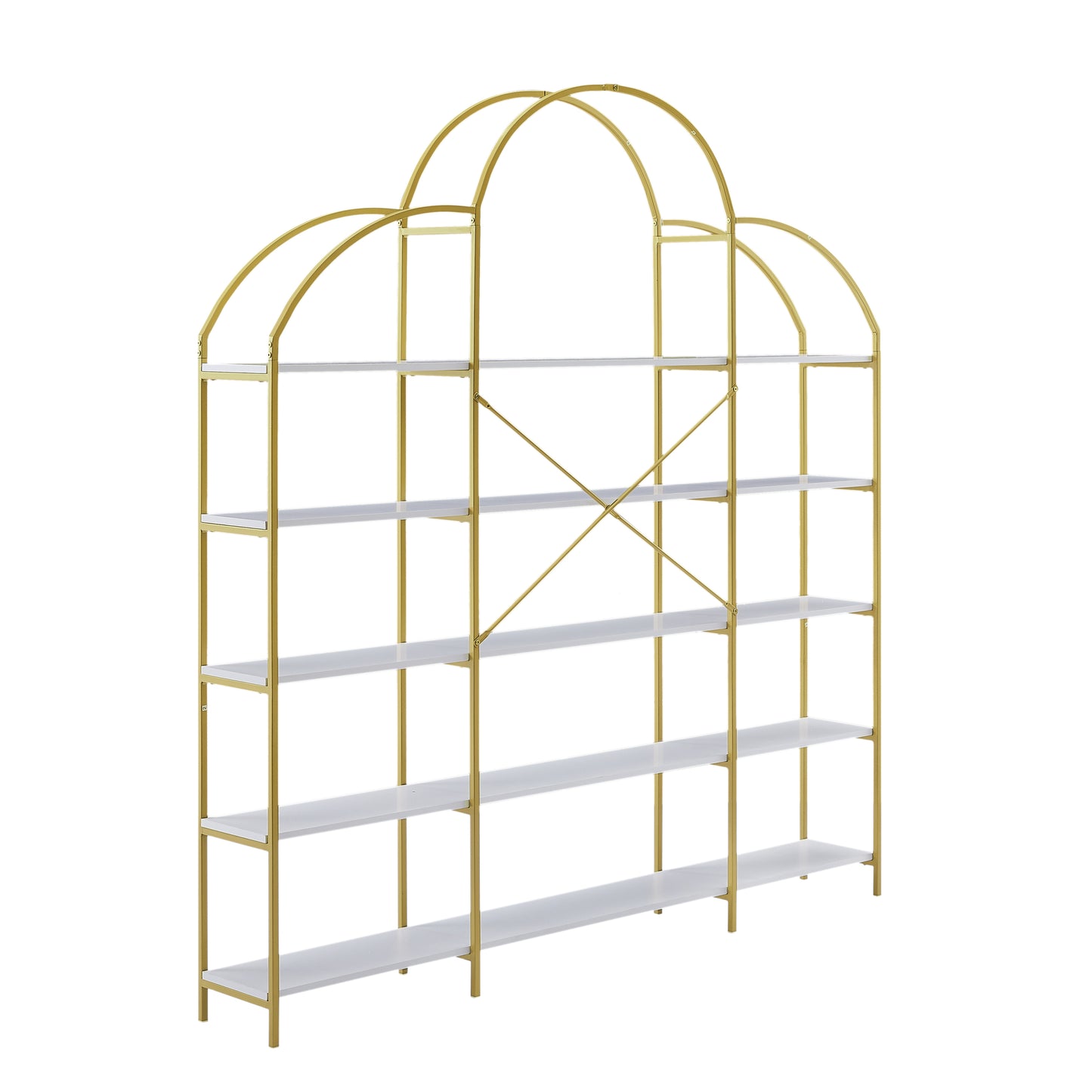 74.8 Inch 5 Tier Office Bookcase Bookshelf Display Shelf Round Top X Bar Gold Frame Modern Home Decor