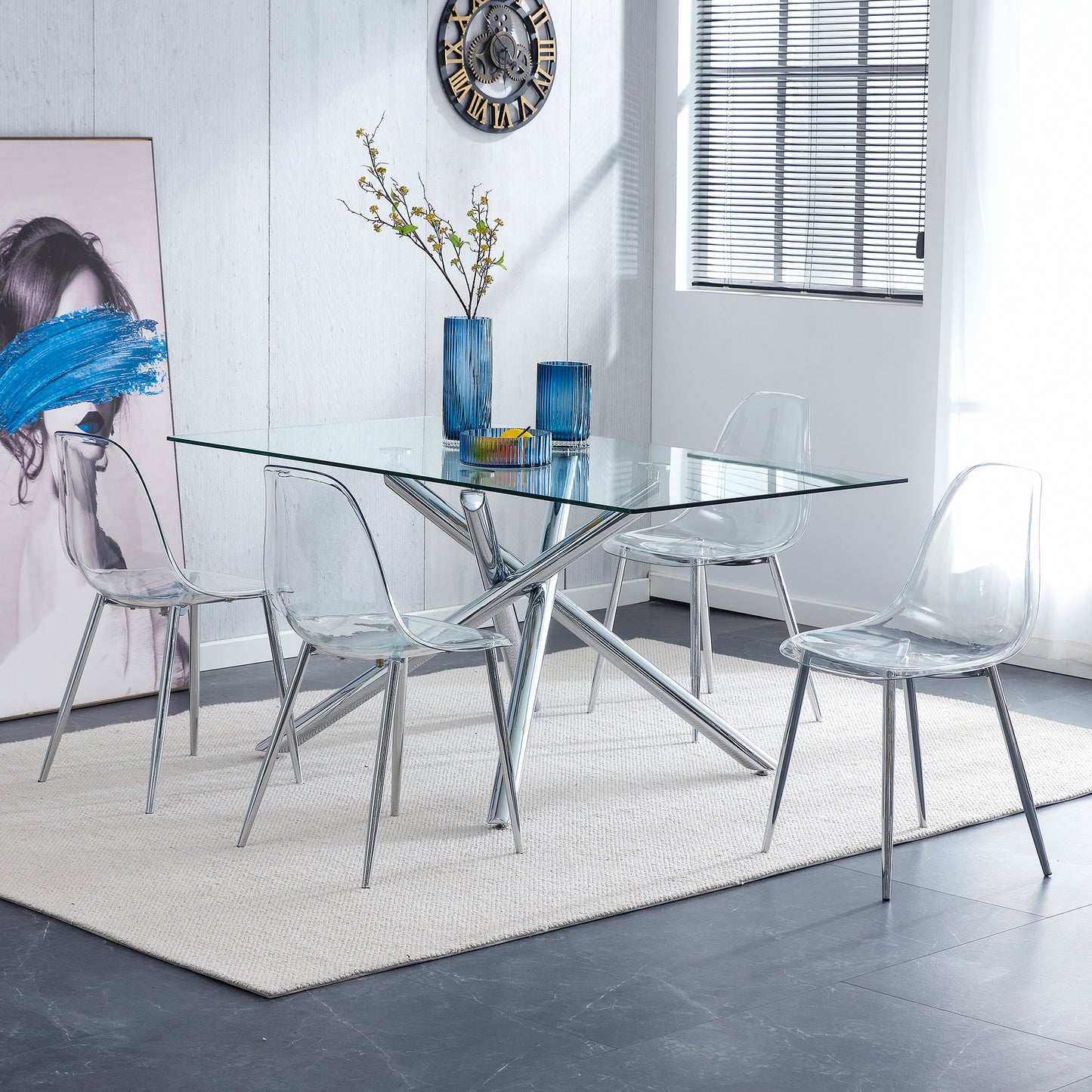 Modern Minimalist Transparent Dining Chair Set 6pcs Armless Nordic Makeup Stool with Silver Plated Metal Legs