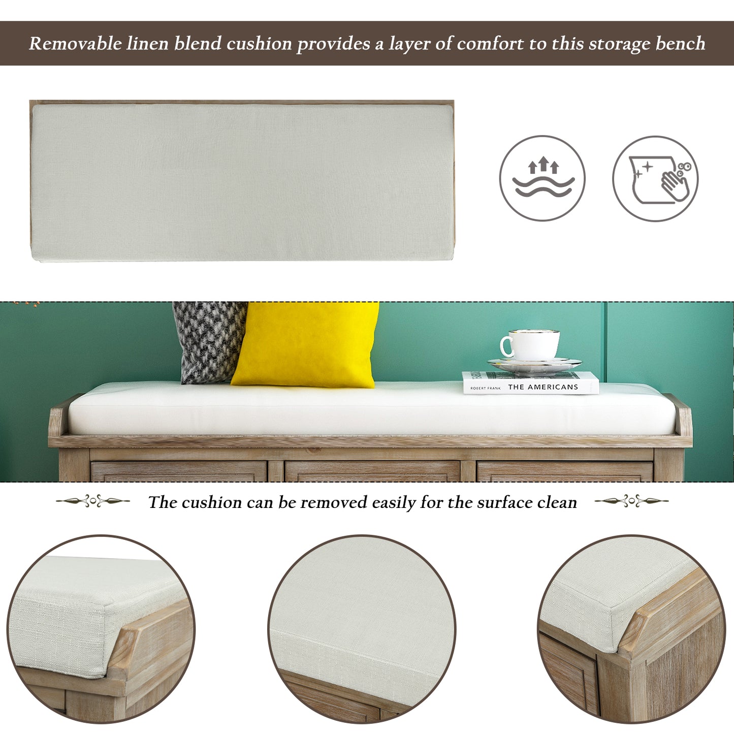 Rustic Storage Bench with 3 Drawers and 3 Rattan Baskets Shoe Bench for Living Room Entryway White Washed