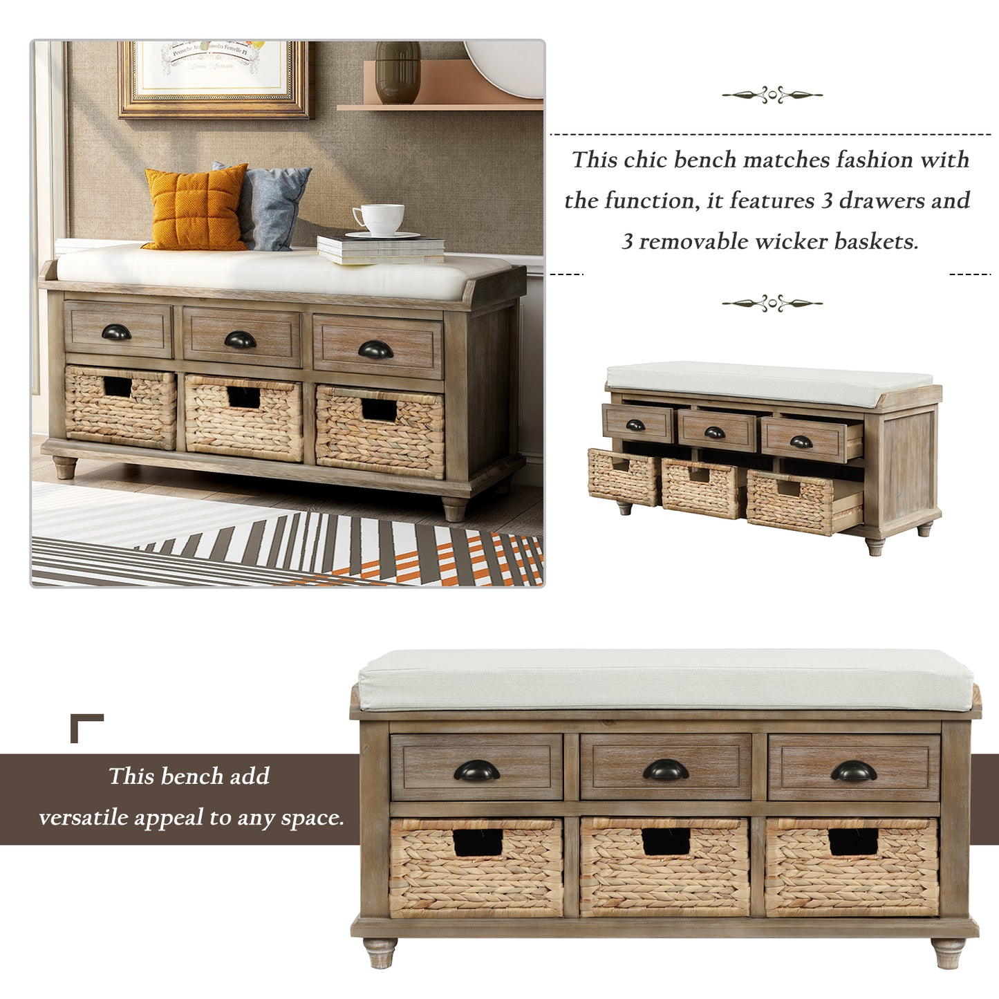 Rustic Storage Bench with 3 Drawers and 3 Rattan Baskets Shoe Bench for Living Room Entryway White Washed