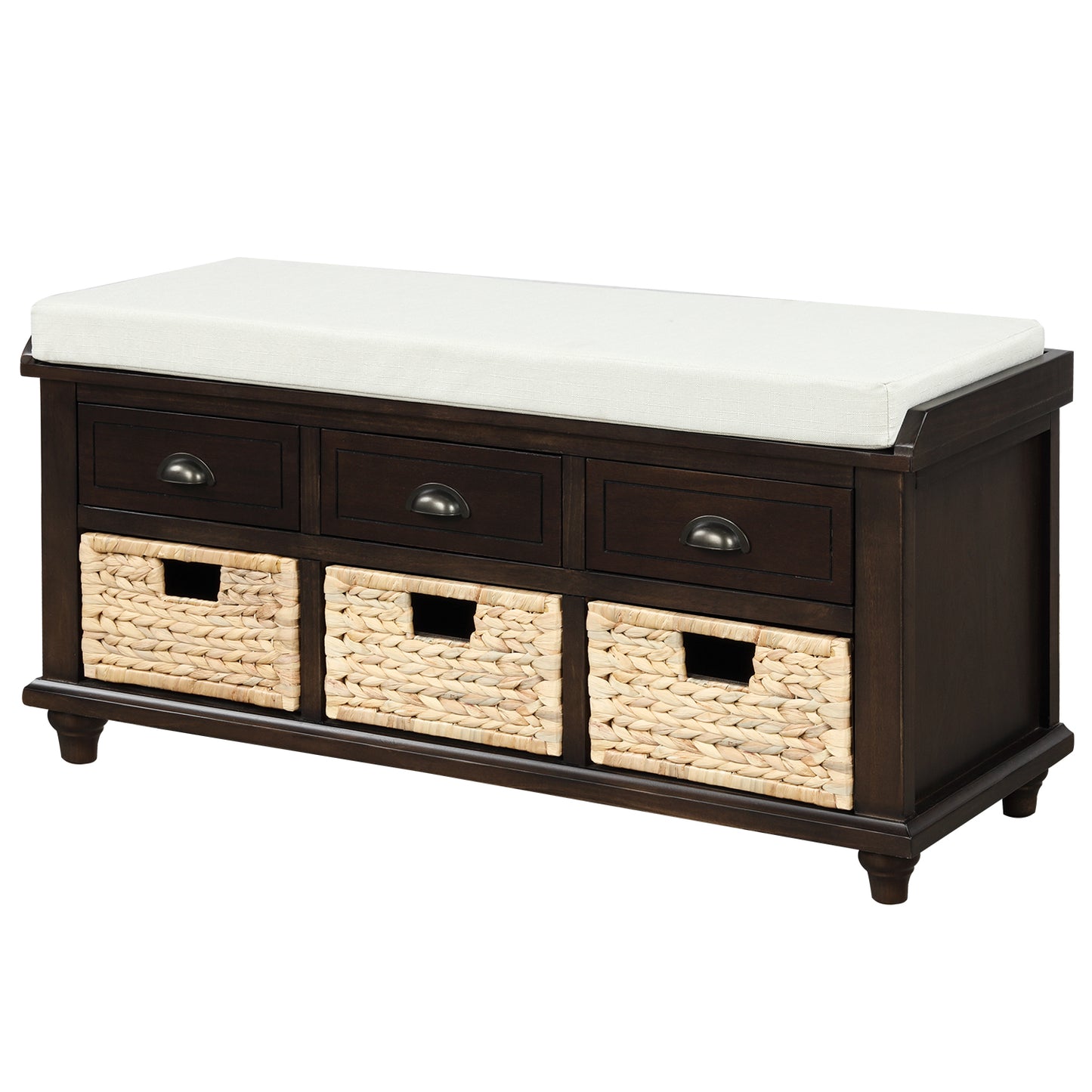 Rustic Storage Bench with 3 Drawers and 3 Rattan Baskets Shoe Bench for Living Room Entryway Espresso