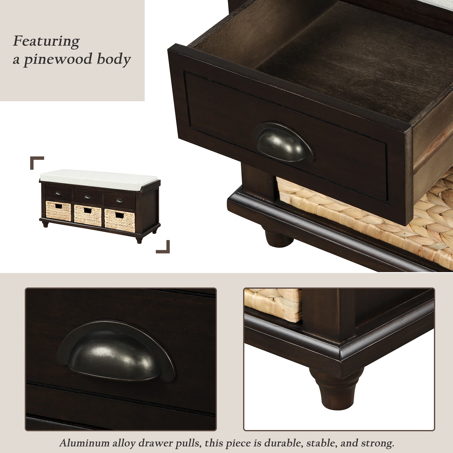 Rustic Storage Bench with 3 Drawers and 3 Rattan Baskets Shoe Bench for Living Room Entryway Espresso