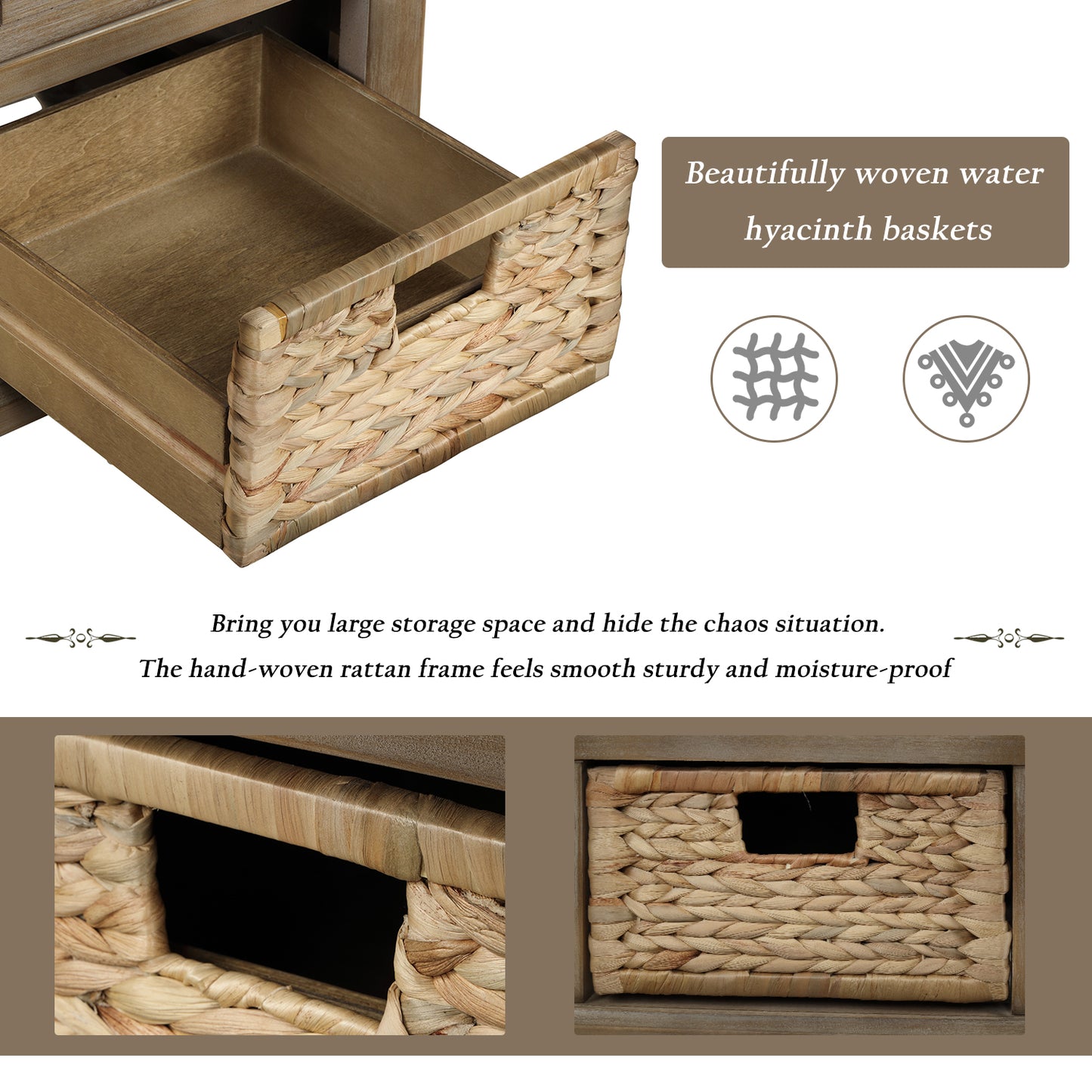 Rustic Storage Bench with 3 Drawers and 3 Rattan Baskets Shoe Bench for Living Room Entryway White Washed