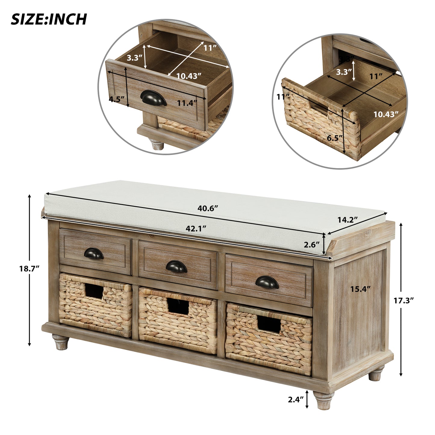 Rustic Storage Bench with 3 Drawers and 3 Rattan Baskets Shoe Bench for Living Room Entryway White Washed